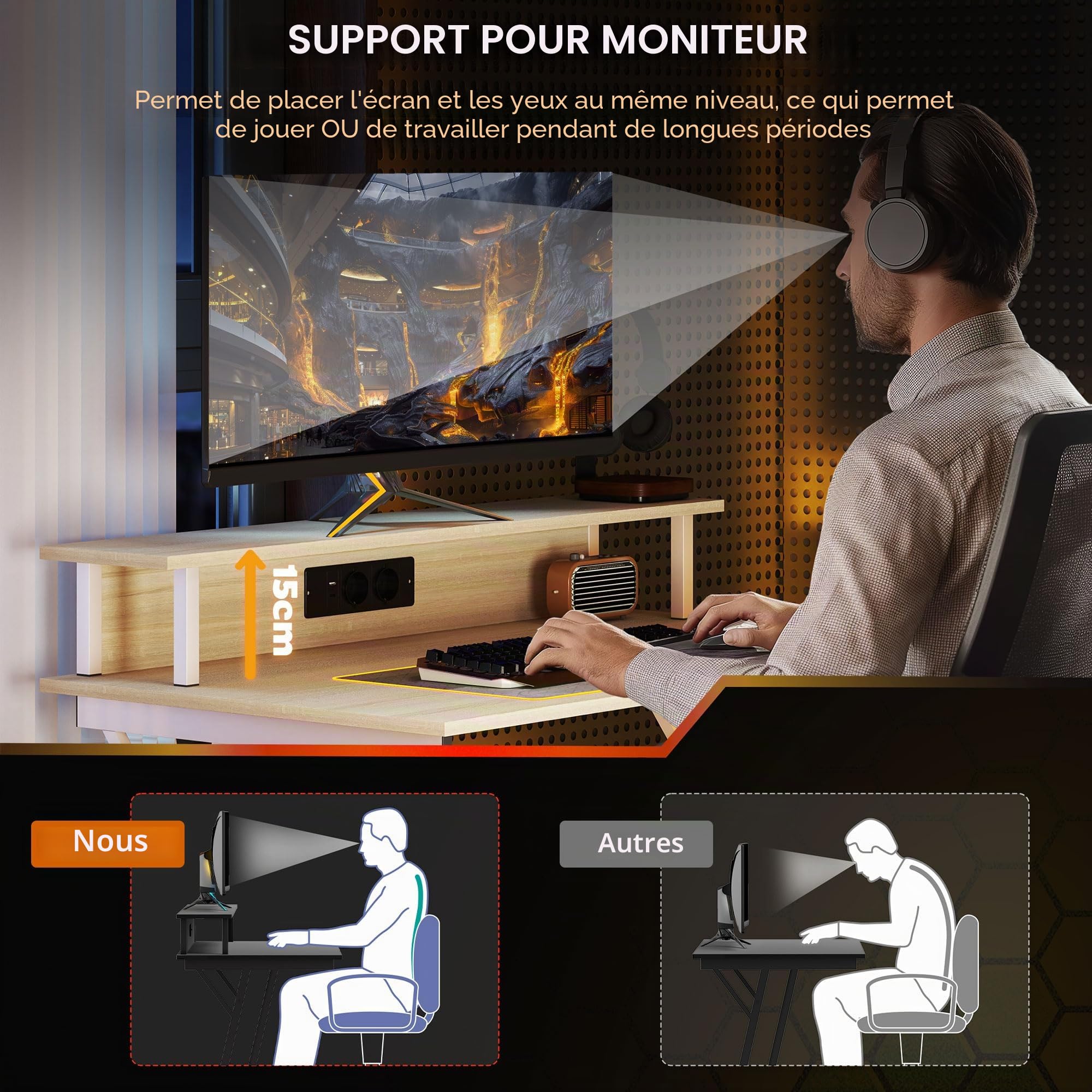 HOMCOM Bureau Gaming avec LED, Prises, 100x60cm Naturel