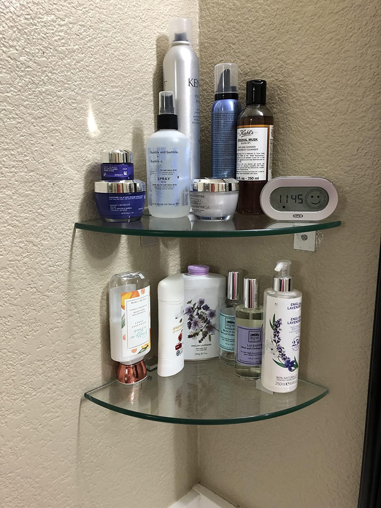 Bakzon Paquete de 2 estantes de ducha de esquina de cristal, estantes de pared de ducha para ducha interior, organizador de ducha sin taladros con soportes de aluminio para baño