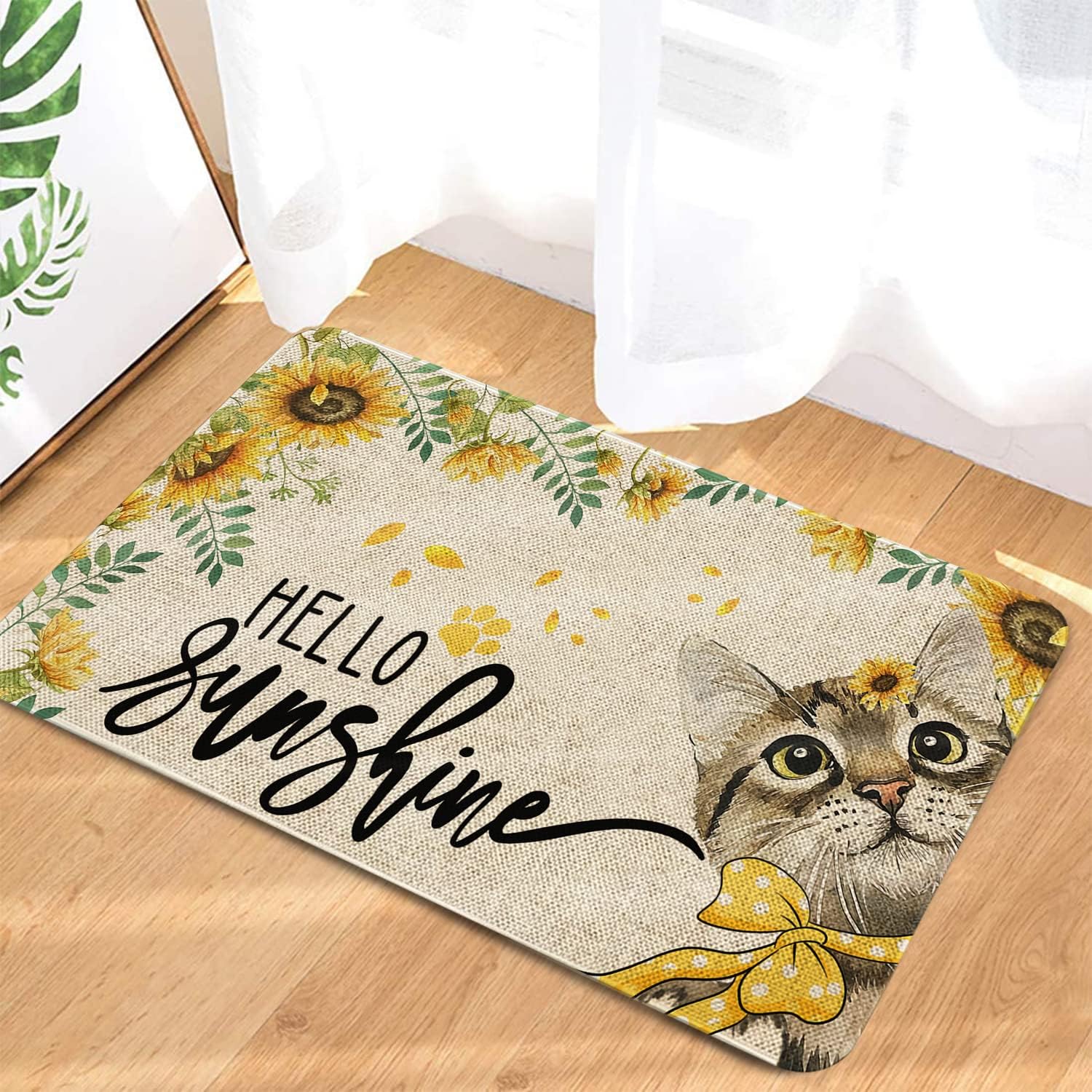 Roszwtit Spring Summer Door Mat 30 X 17 Inch Hello Sunshine Cat Doormat Indoor Outdoor Entrance Sunflower Floor Mat Non Slip Spring Summer Decor Rubber Welcome Mats