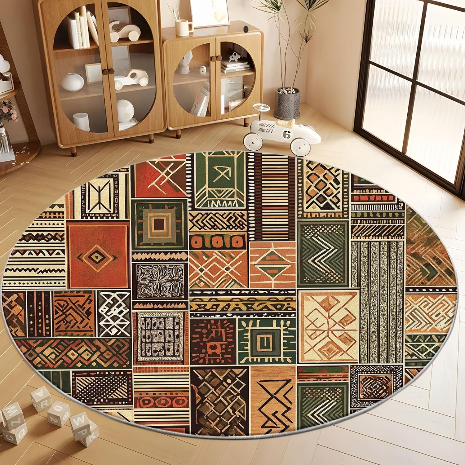 Round Area Rug 2' x 2', Traditional Geometric Patchwork Stripes Round Rug for Bedroom Living Room, Vintage Style Washable Non-Slip Circle Rug, Floor Carpet Mats Modern Home Decor Circle Carpets
