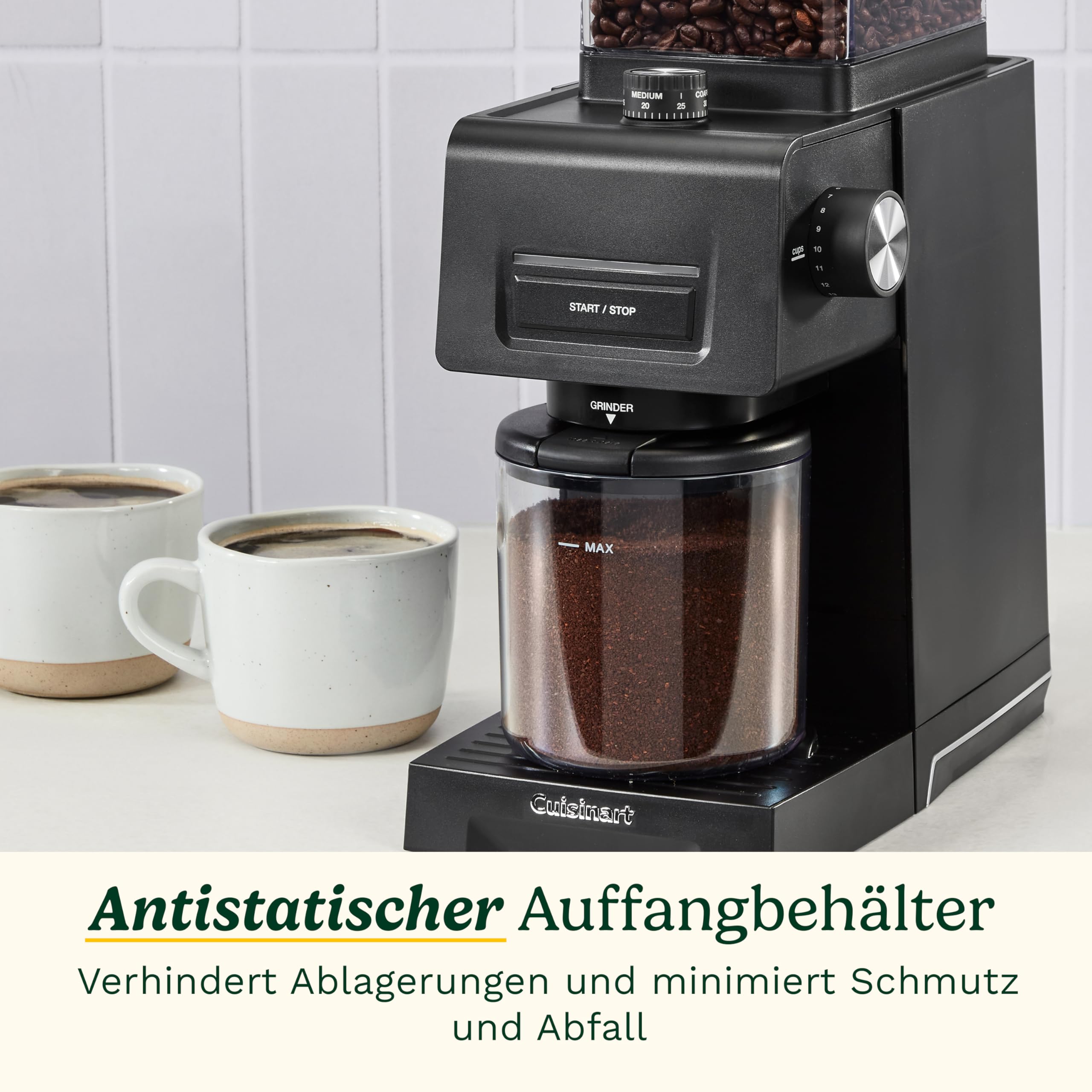 Cuisinart stożkowy młynek do kawy do espresso i kawy; 35 ustawień; zbiornik na ziarna 225 g z silikonową pokrywą; kompatybilny z portafiltrem; w zestawie łyżka i szczotka do czyszczenia