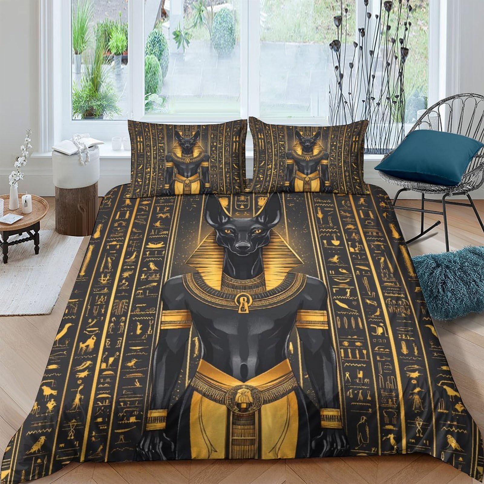 Ctjqhvkz Style-5 3D Printed Egyptian Anubis Fitted Sheet Microfiber Soft Gold Black Hieroglyph Mattress Cover For Bedroom Decor Single（135X200cm）