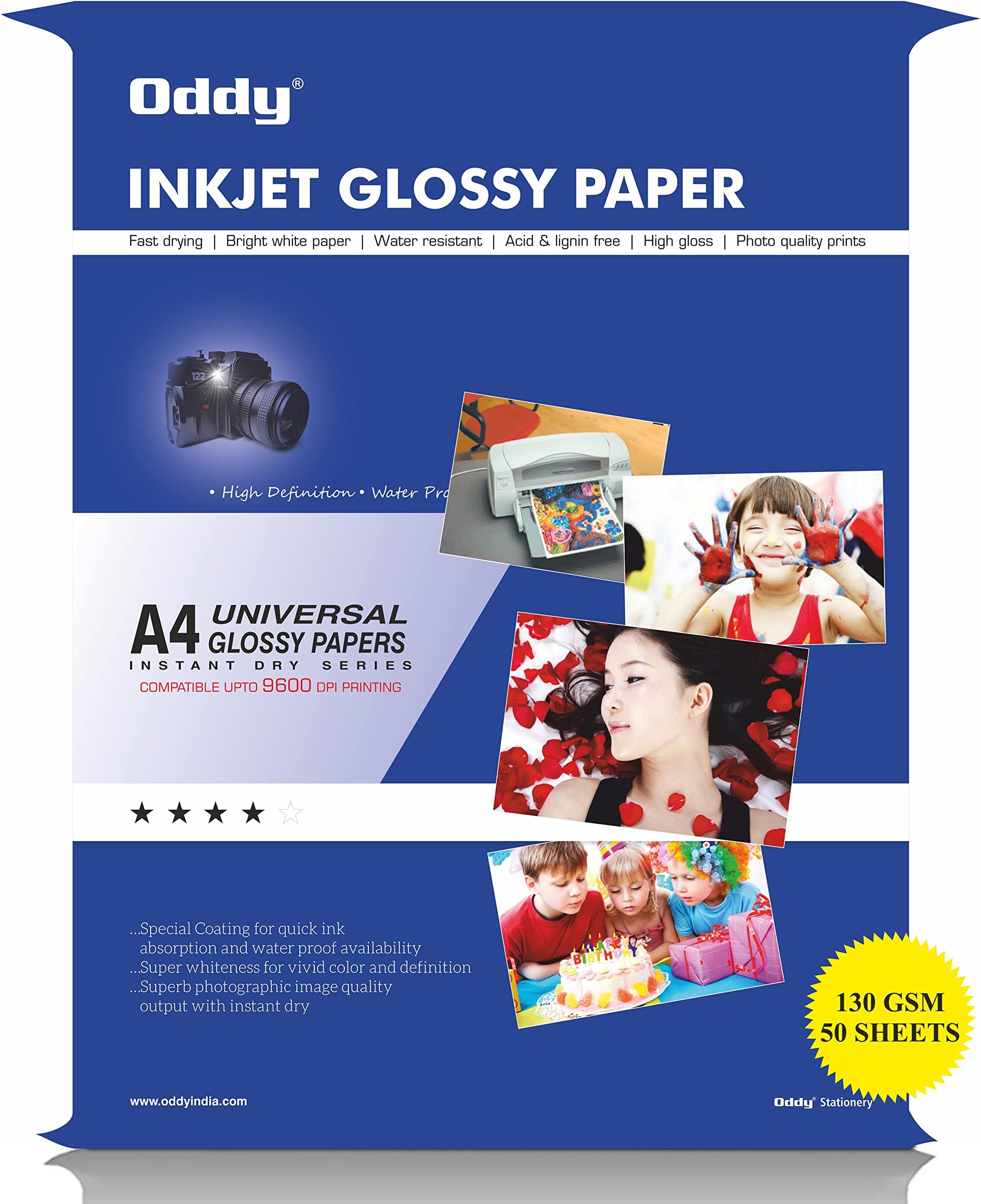 Oddy 130 GSM A4 Size Glossy Photo Paper – Non Adhesive, Universal Coated, Water Proof Pack of 50 Sheets, Compatible with Inkjet Printer.