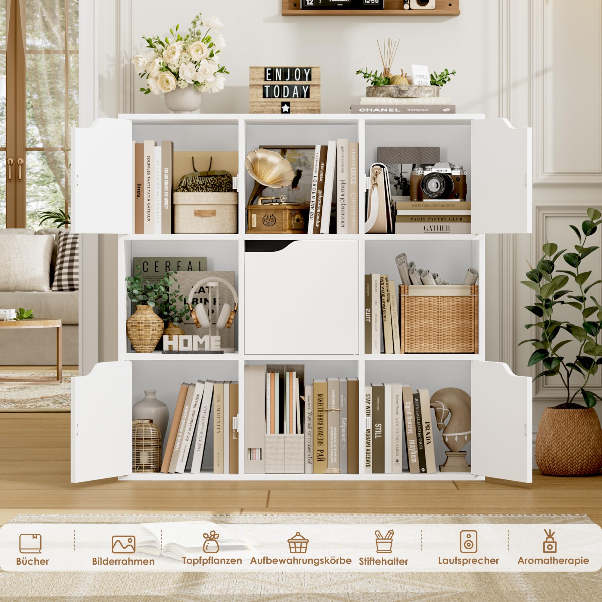 FirFurd Bücherregal Bücherschrank mit 5 Türen 9 Fächern 90x29x90 cm weiß | Kallax Regal, Würfelregal, Büroregal, Raumteiler, Aufbewahrungsregal für Wohnzimmer Arbeitszimmer Kinderzimmer