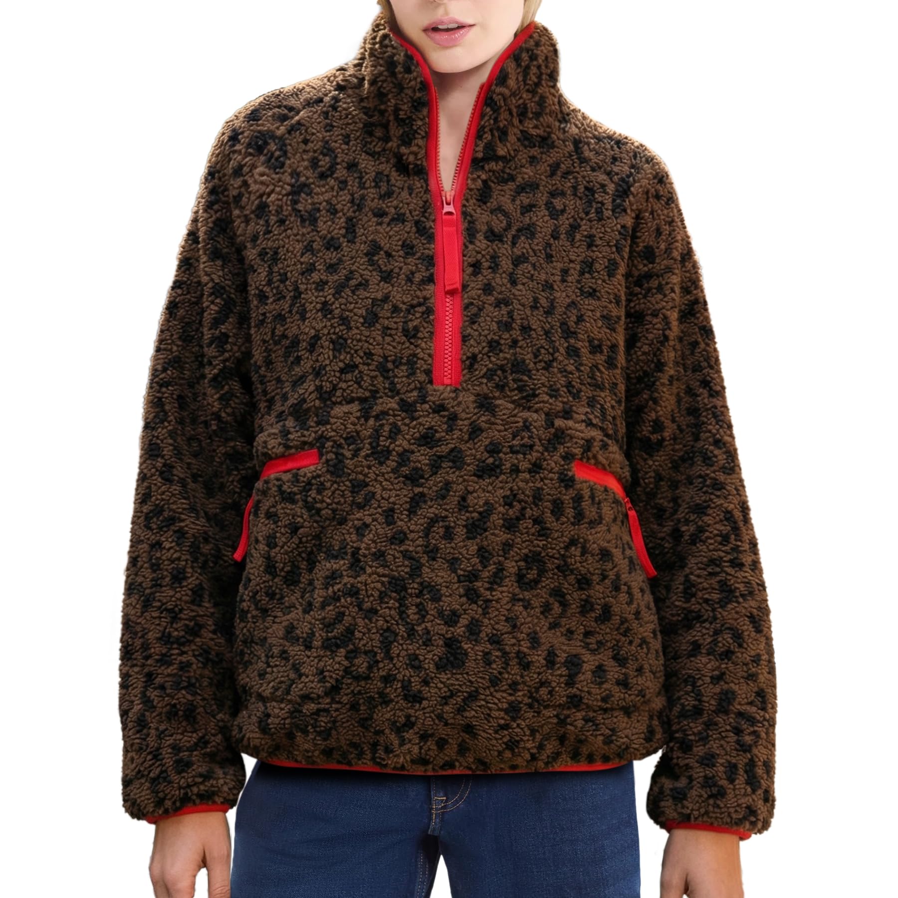 Ainangua Fuzzy Half Zip Fleece Jacket Women Long Sleeve Sherpa Pullover Sweatshirt Casual Warm Winter Chunky Teddy Outerwear