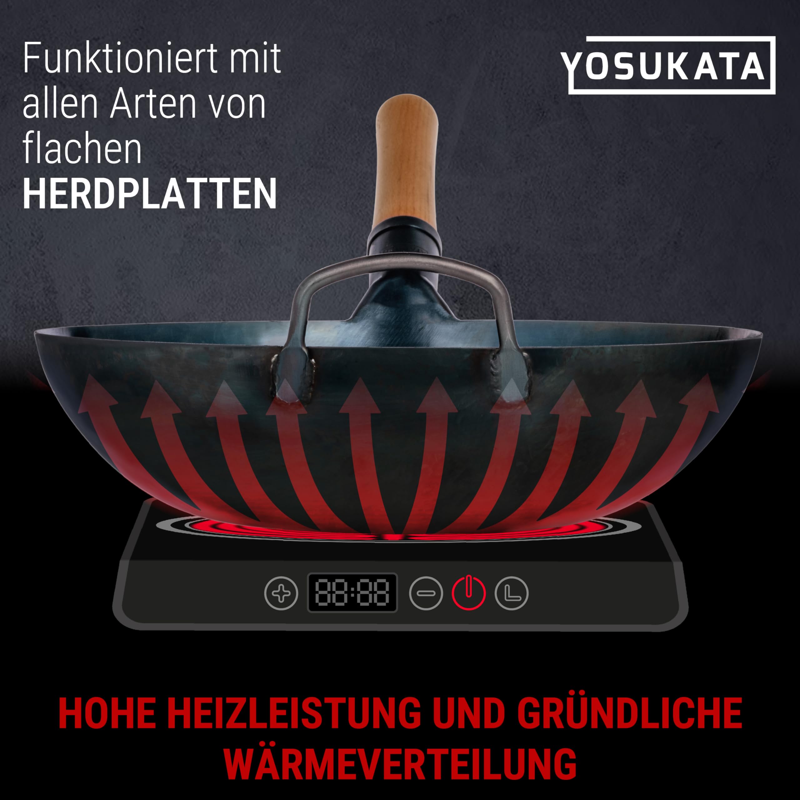 YOSUKATA Flacher Boden Blau Karbonstahl Woks & Wokpfannen 34 cm | Voreingebrannter Wokpfanne - Traditionell Wok für induktionsherd - Kompatibel mit Gas- Elektroherden Grill Induktion Feuer
