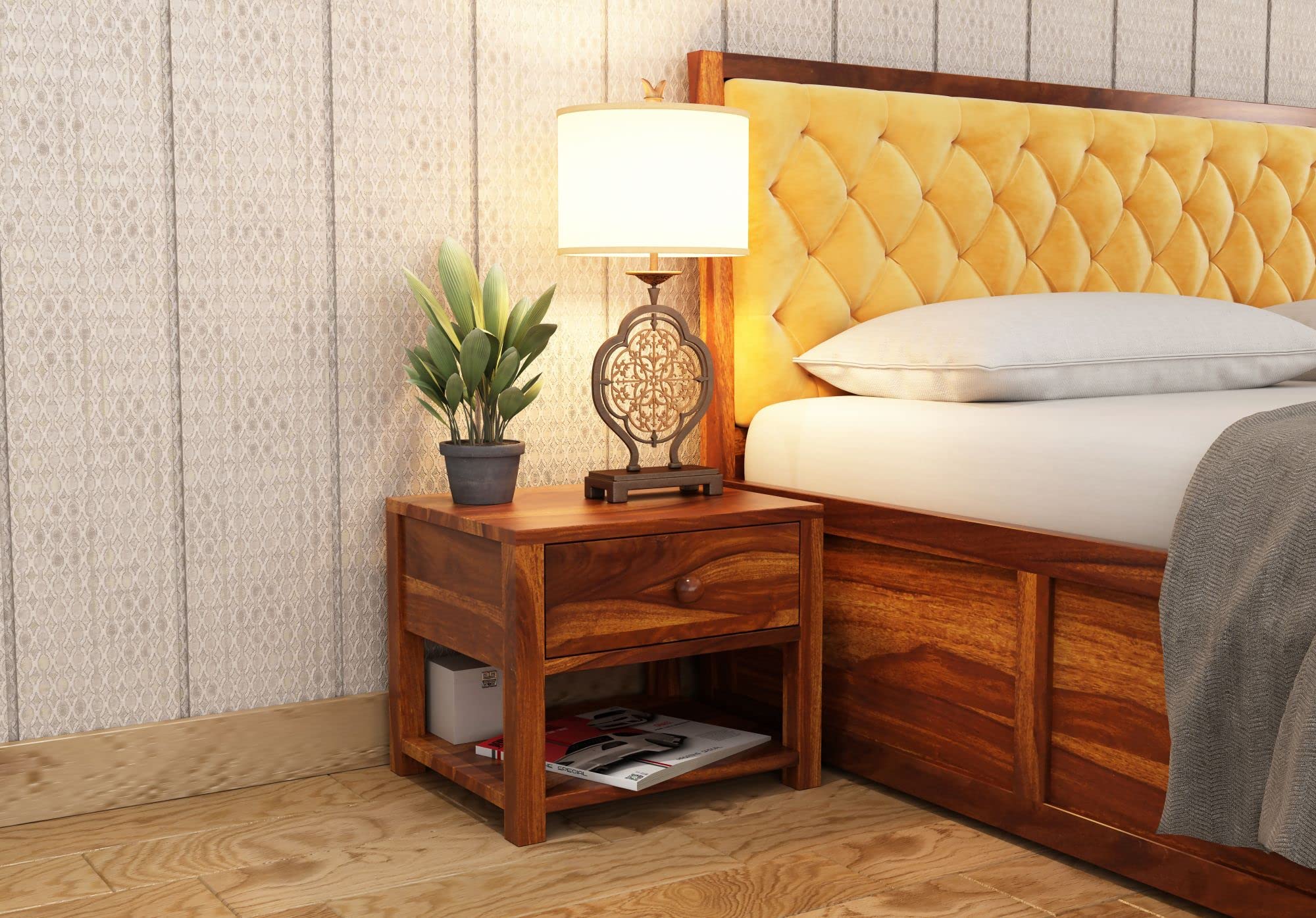 Sheesham Wooden Bedside Table with Shelf & Drawer Storage for Bedroom | Solid Wood Nightstand Lamp Table for Home | End Table | Rosewood Sofa Side Table for Living Room (Honey A)-image-28