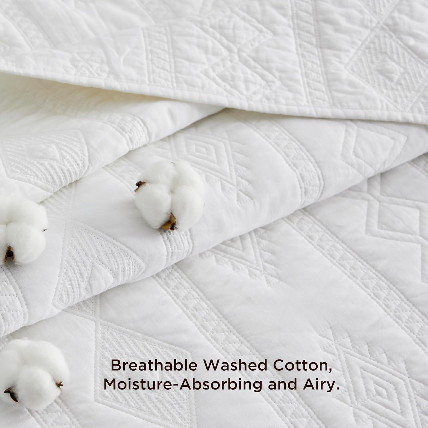 Bedsure 100% Cotton Quilt Set - King Size Bedspread, Lightweight Soft Bed Coverlet, 3-Piece Cozy Stitching Quilt Set with 2 Pillow Shams in Geometric Pattern for All Season, 106x96 inches, White - Image 3