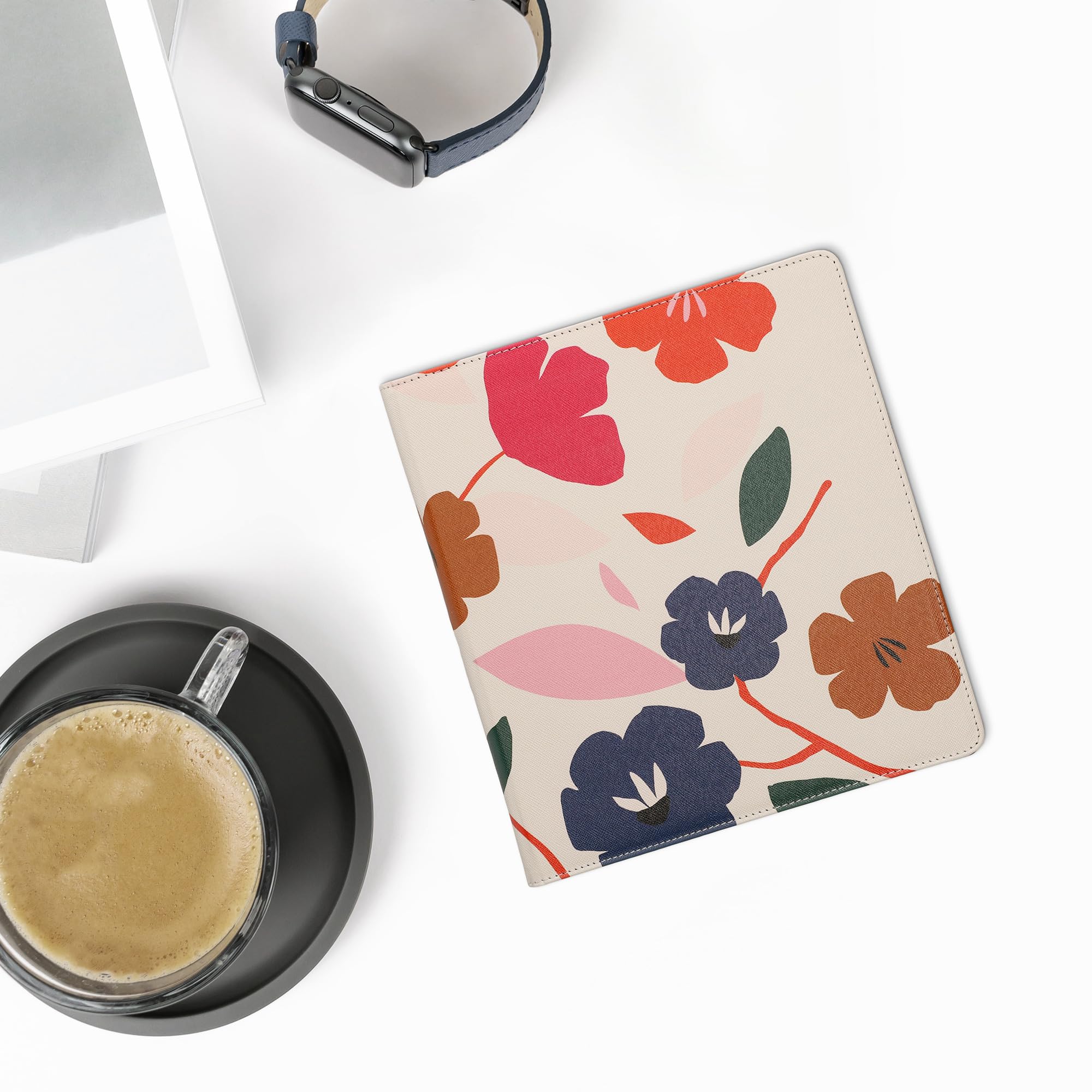 kwmobile Schutzhülle für Amazon Kindle Scribe (2022/2024) Hülle - eReader Flip Case mit Handschlaufe und Auto Sleep Funktion - Blumen Farbenfroh mit Pink Dunkelblau Creme