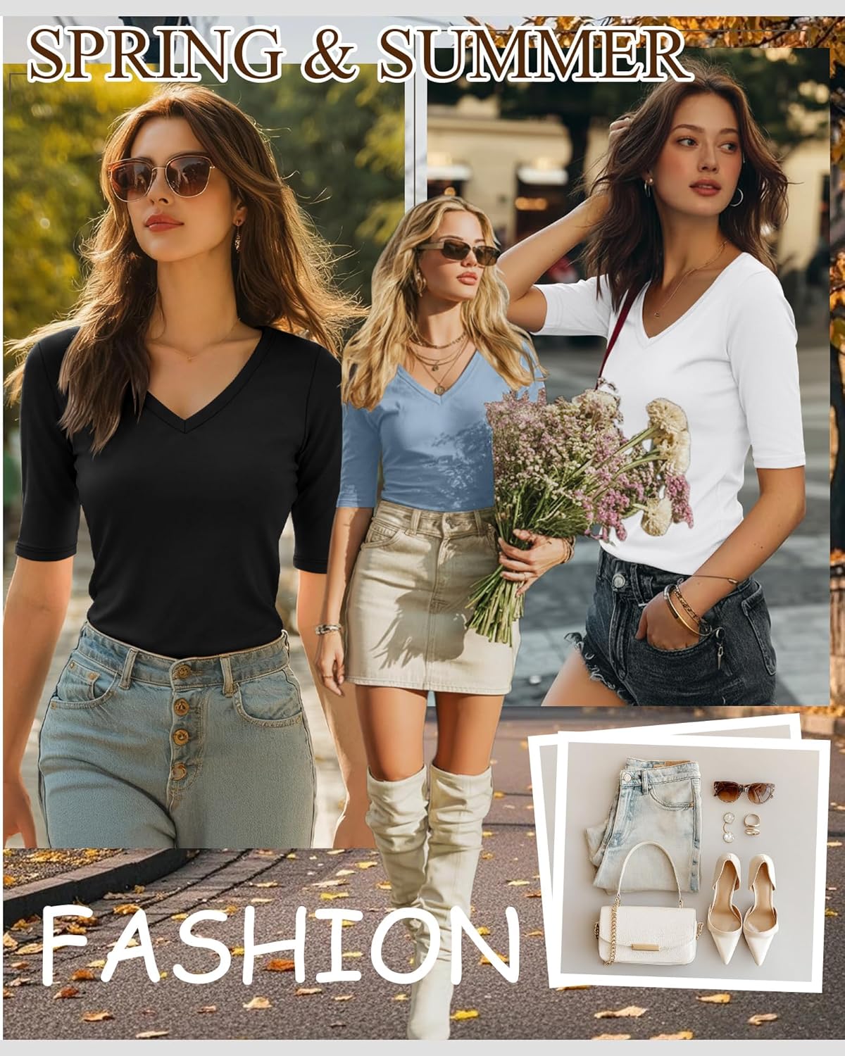 Ficerd 3 Pack Women's Half Sleeve V Neck T Shirts, Cotton Elbow Length Sleeve Shirt Slim Fit Tunic Top Casual Summer Tee(Black, White, Sky Blue,Small) - Image 3