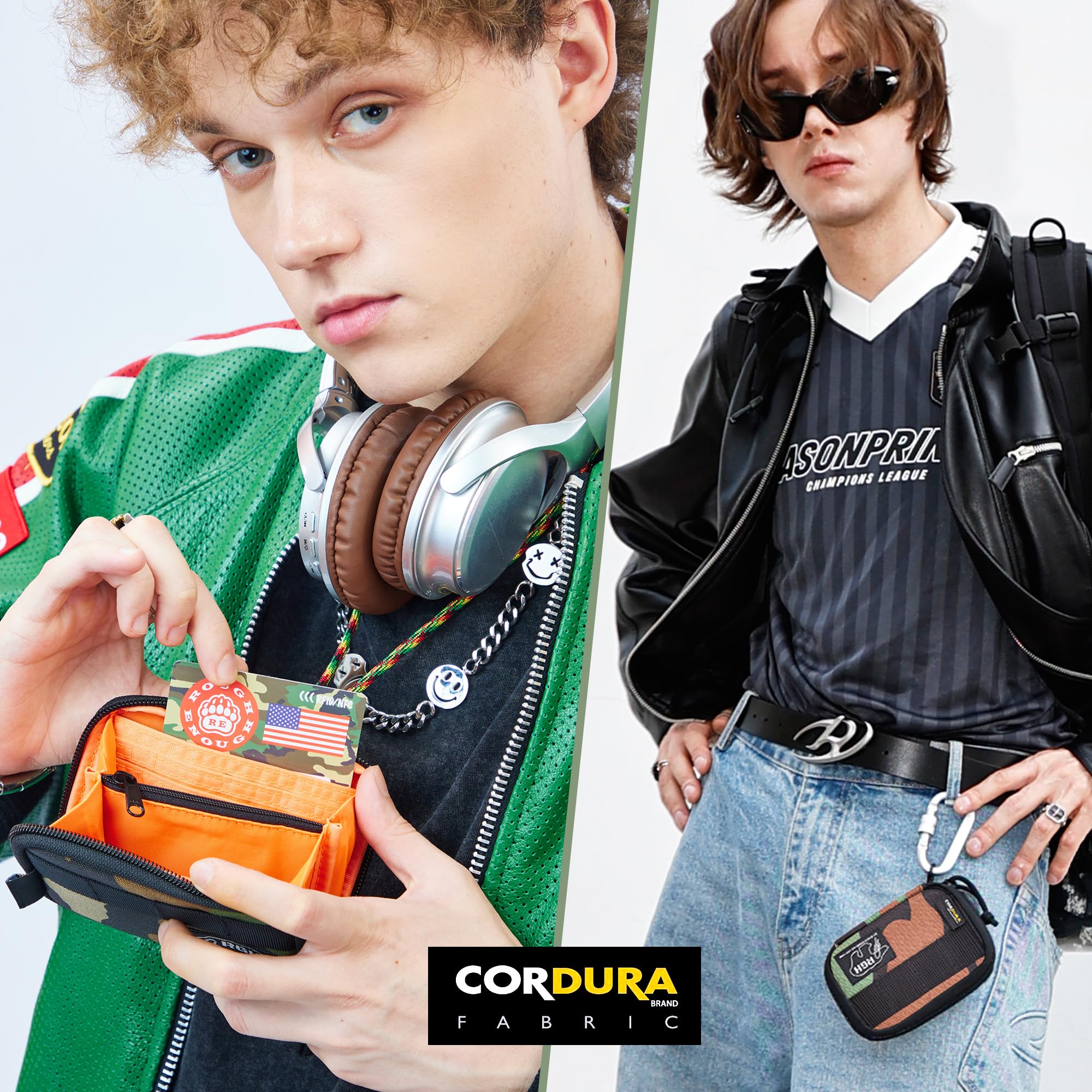 Rough Enough Credit Card Holder Wallet for Men Teen Boys with Neck Lanyard Zipper Coin Pocket Accordion Camo Cordura
