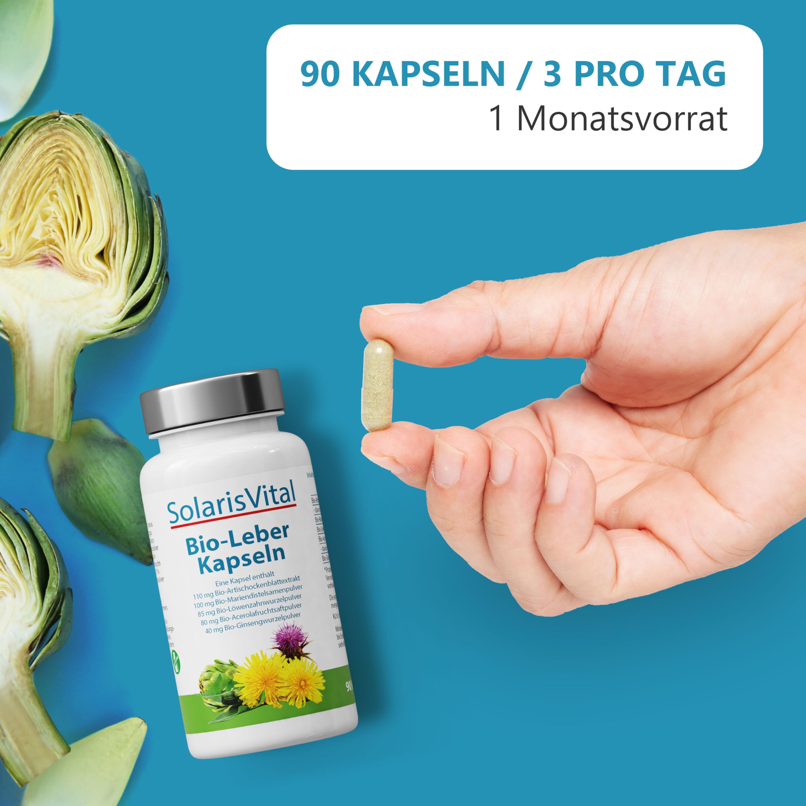 SolarisVital Leber Kapseln in Bioqualität 90 Stück - Kombination mit Artischocke, Mariendistel & Löwenzahn - Sinnvoll abgerundet mit Ginseng & Vitamin C - Produziert in Deutschland