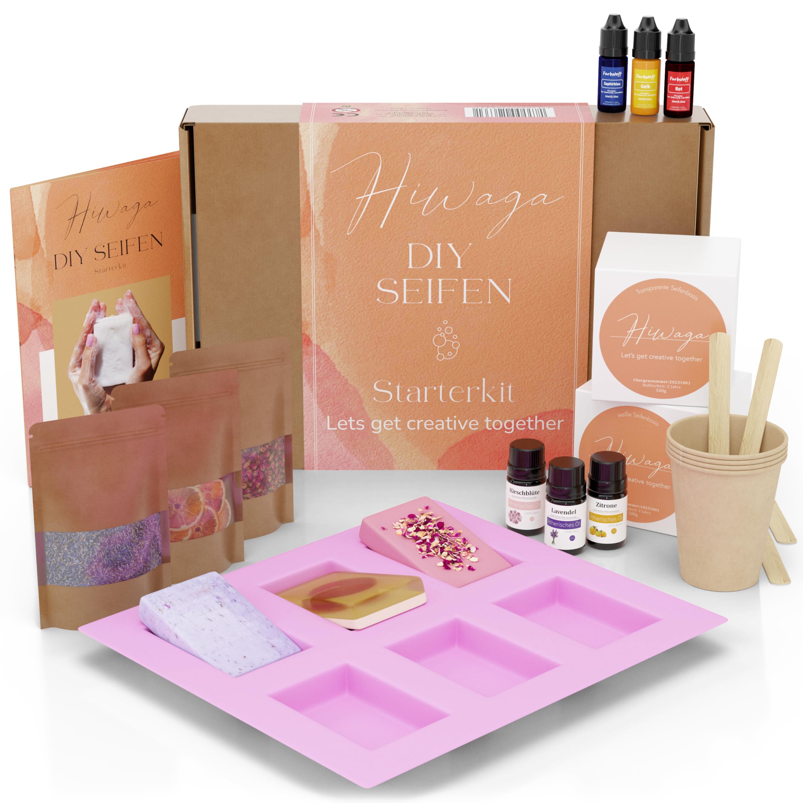 Hiwaga DIY Seifen selber machen Set für Erwachsene, Starterkit für kreative Seifenherstellung, Seife selber machen Set Erwachsene, Komplettset inkl. Rohseifen, Farben, Duftöle und Silikonform