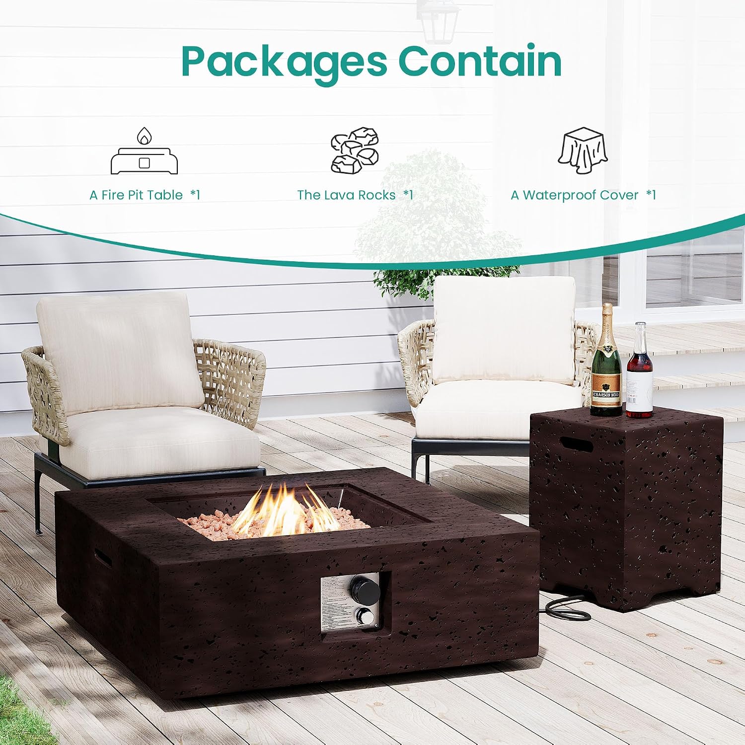 SUNBURY Outdoor Fire Pit, 35 in Square Propane Gas Patio Fire Table, 50000 BTU Firepit Table with Lava Rocks, Propane Tank Cover, Waterproof Cover (Dark Brown)