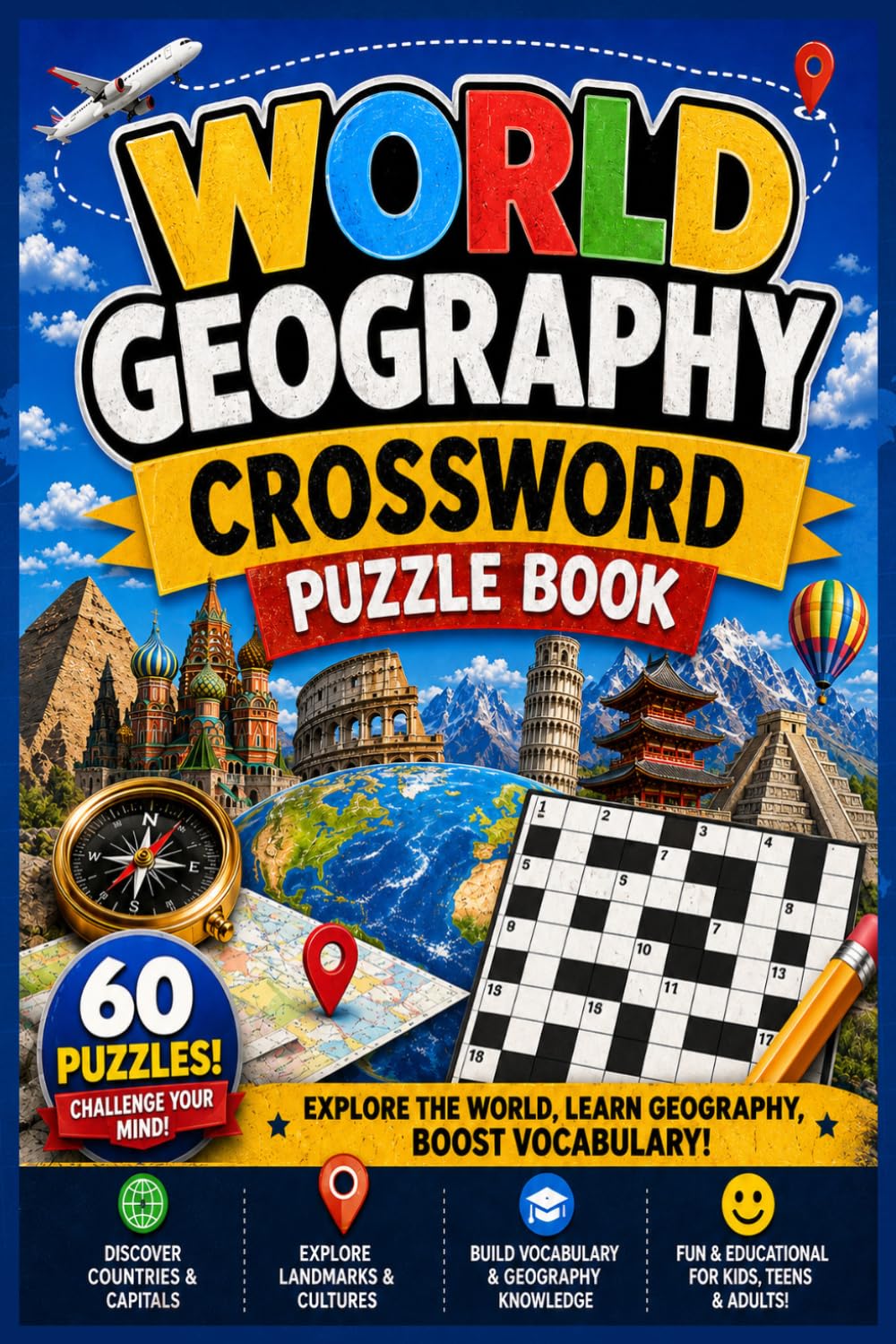 World Geography Crossword Puzzle Book: 60 Easy to Hard Educational World Geography Crosswords