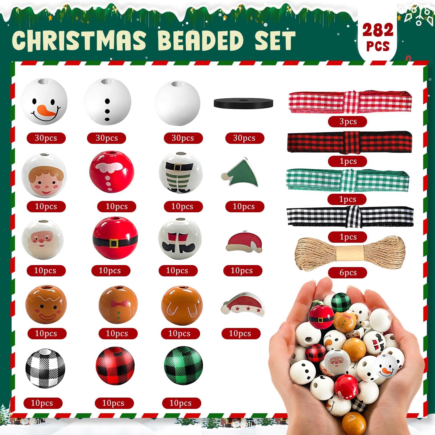 282 Pieces Christmas Snowman Beads Wooden Santa Claus Ornament Round Winter Bead for Crafts Holiday Beads for DIY Garland Craft Making Party Home Holiday Decoration Tree Hanging - Image 2
