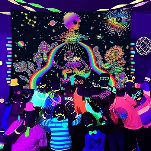 Miniatura 8 de Tapiz de pared con diseño de esqueleto y esqueleto de luz negra, diseño floral reactivo a los rayos UV, estética, galaxia, espacio (40 x 60 pulgadas)