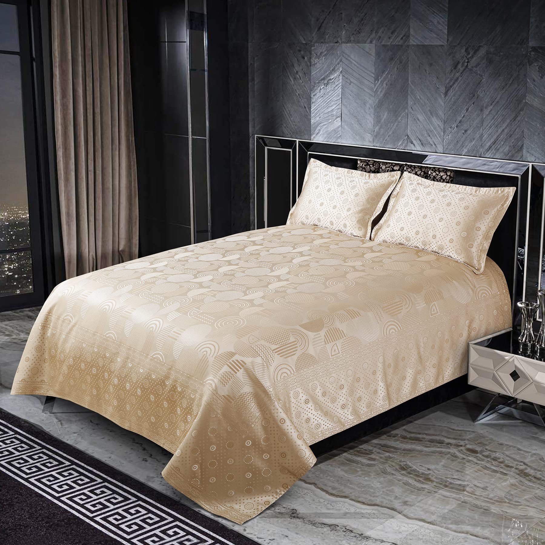 Victor Poly Cotton Styria Satin Bedcover for Double Bed/Luxury Damask Geometrical Extra Soft Bed Spread, Exclusive for Wedding (Bed Cover - 90" X 100", 2 Pillow Covers - 18" X 27"), Fawn-image-19