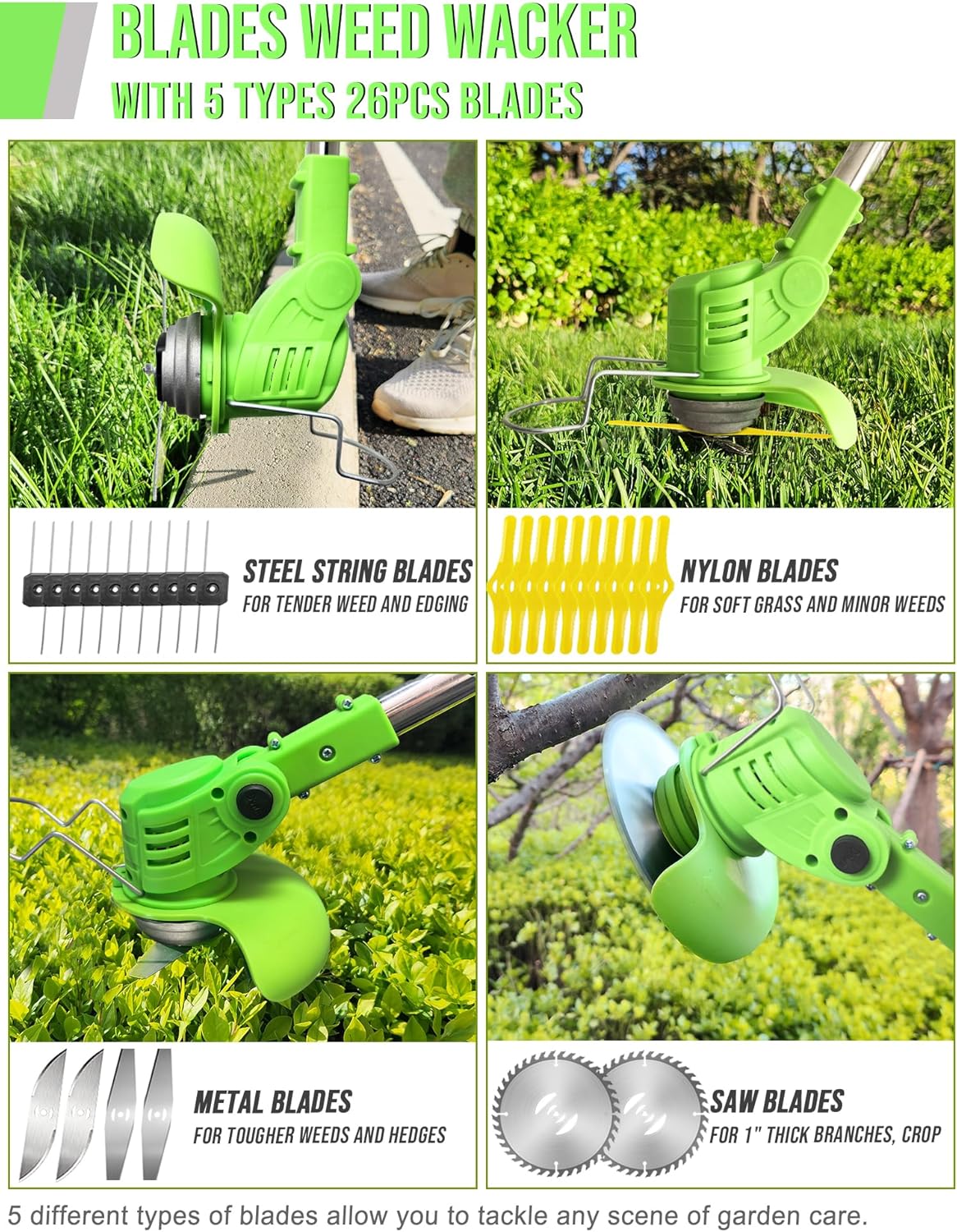 Electric Weed Wacker Cordless: 21V Weed Eaters Battery Powered with 2 Batteries & Charger, Stringless Metal Blade Weed Trimmer 3 in 1 Grass Trimmer/Edger/Brush Cutter for Lawn Yard Garden