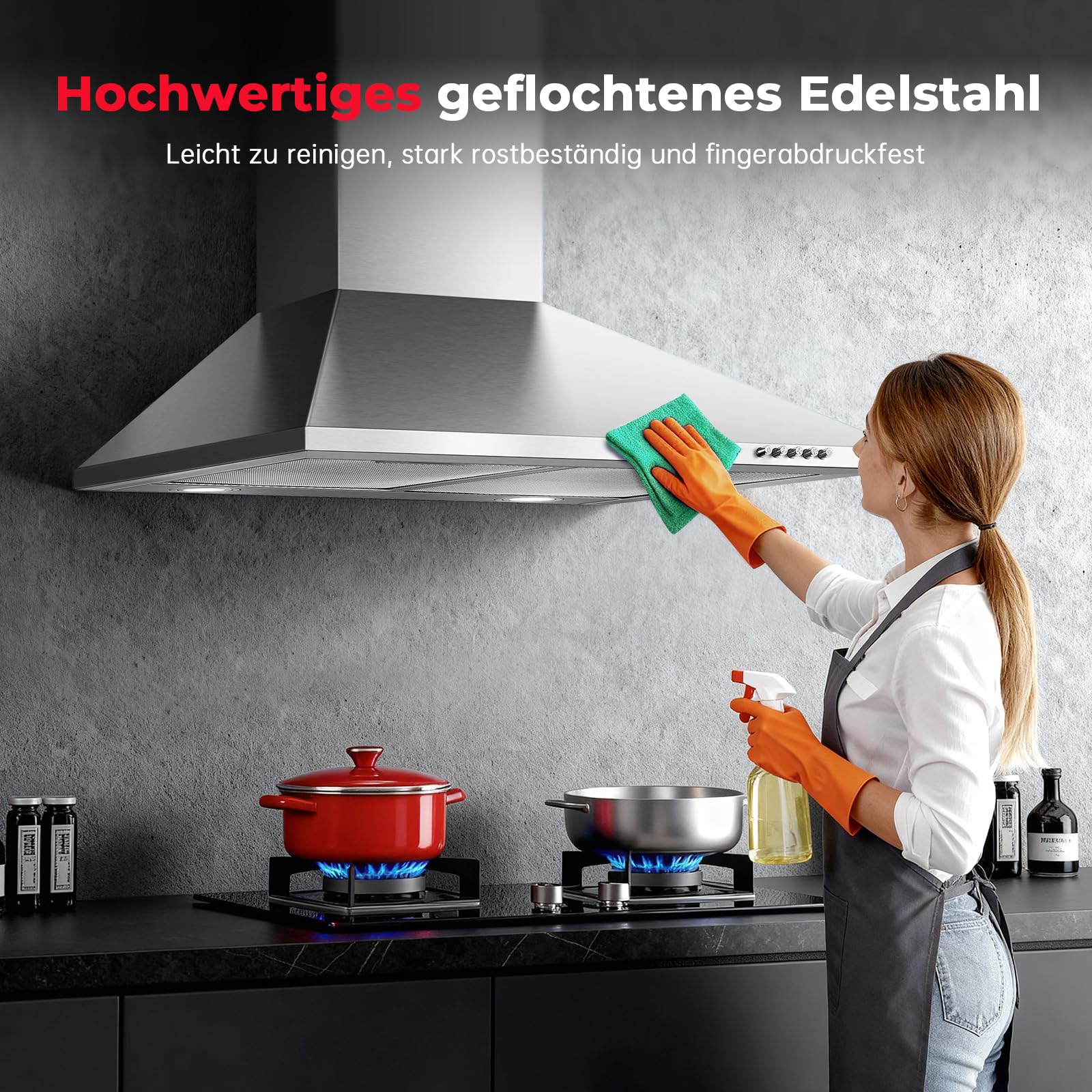 SNDOAS Dunstabzugshaube 60cm Umluft & Abluft, 450m³/h, A+++, 3 Leistungsstufen Edelstahl, LED-Licht