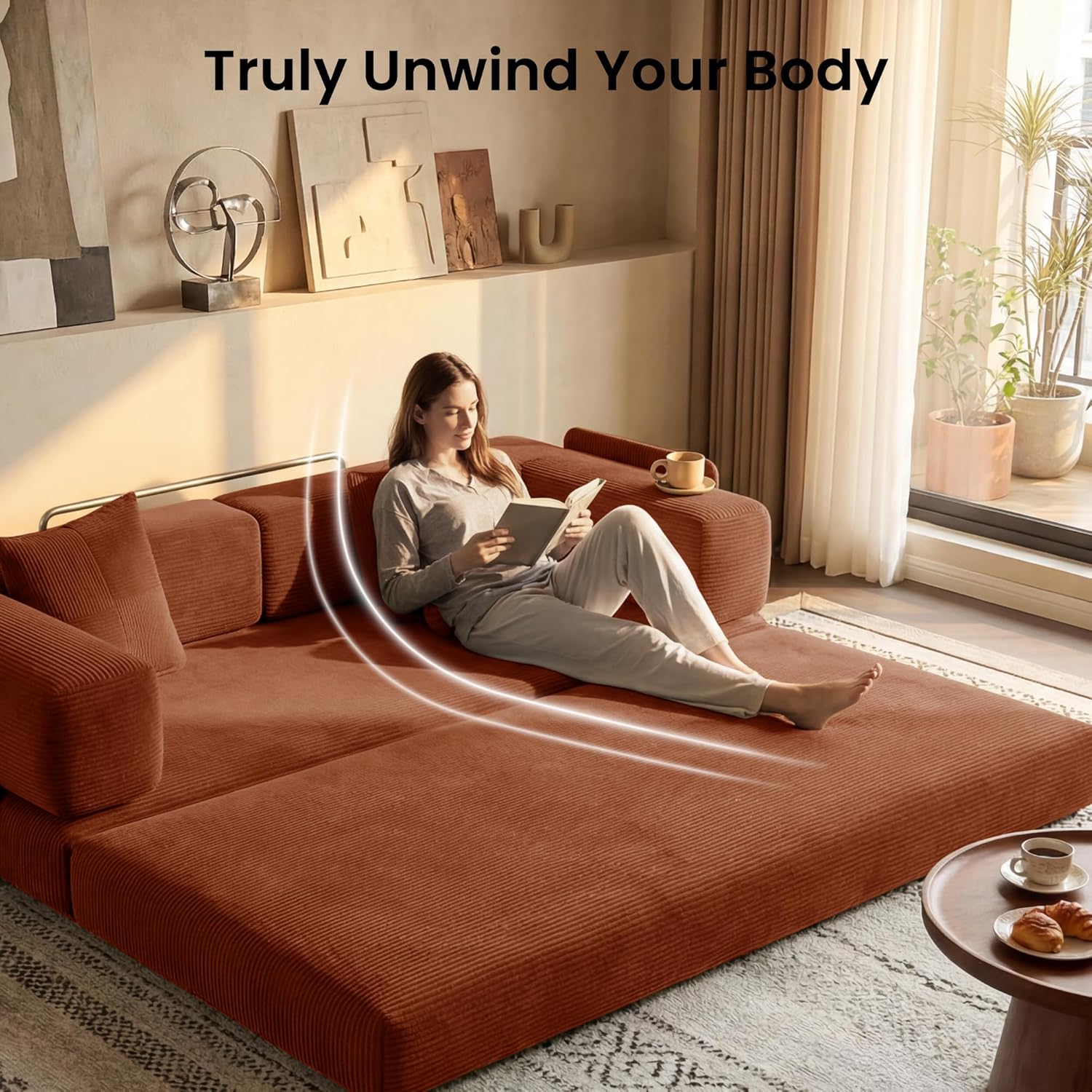 78.8" Convertible Futon Sofa Bed,Corduroy Futon Couch with Storage Pocket,Folding Pull Out Sofa,No Assembly Boneless Couch for Living Room,Rust Red