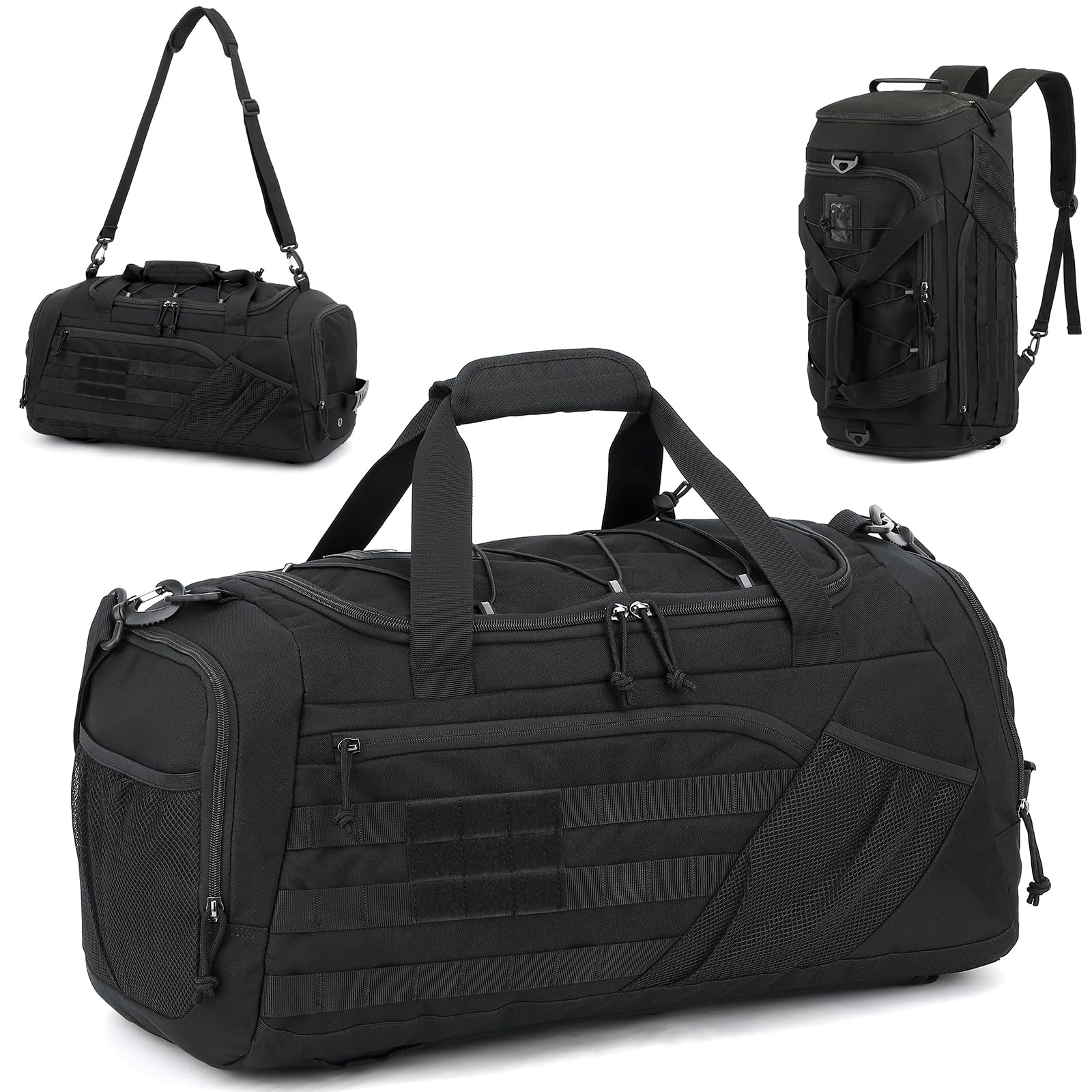 45L Sac de Voyage Tactique pour Homme 3 en 1 Sac à Dos de Sport avec Compartiment à Chaussures, Poche Humide et Sangles de Sac à Dos pour Fitness, Voyages ou Week-Ends (Noir)