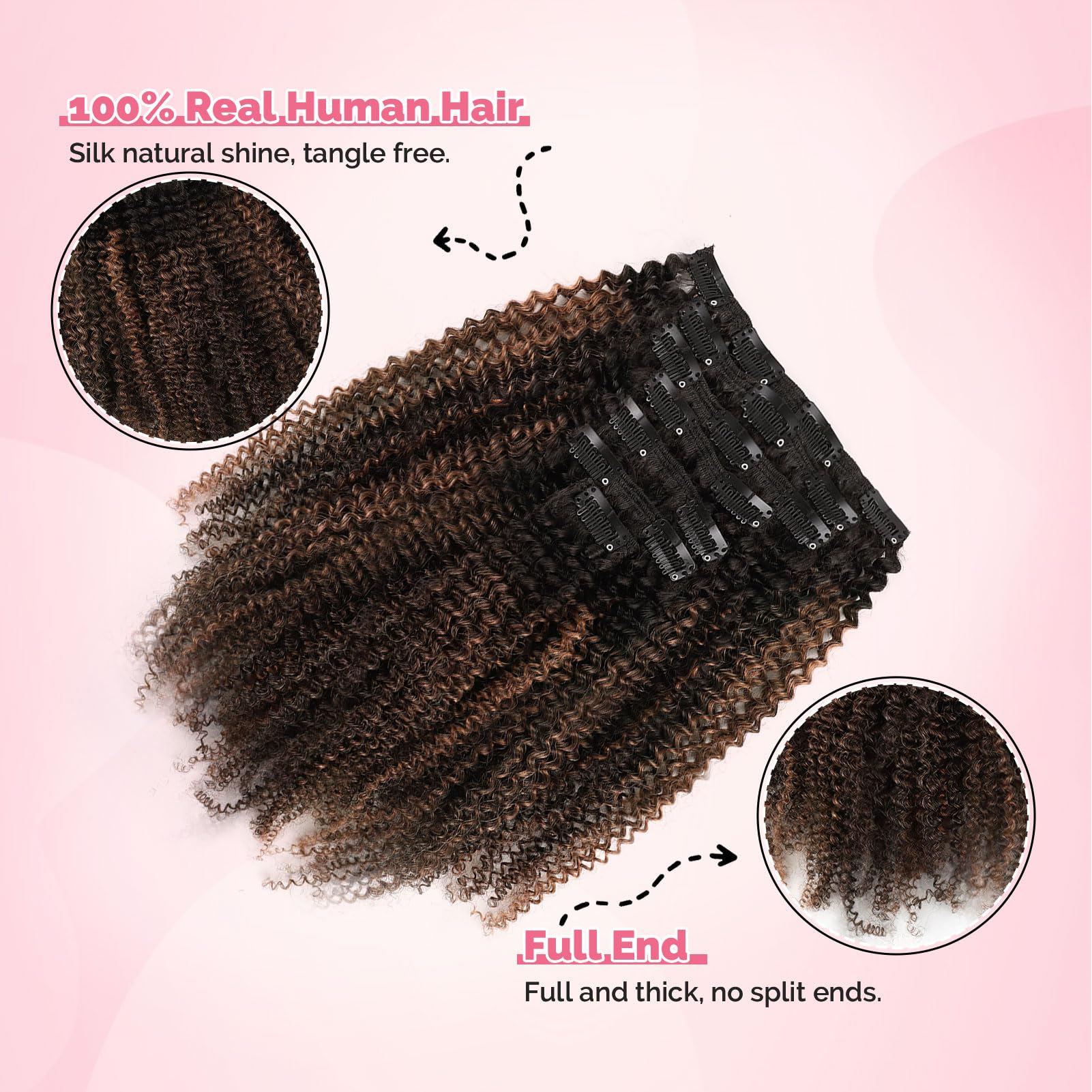Yuniffe Afro Curly Clip in Human Hair Extensions for Black Women 4A Culry Clip ins Natural Black Color to Black #1B Mixed With Medium Auburn #30 Double Weft Remy Hair Extensions 20 Inch 7Pcs 120g - Image 2