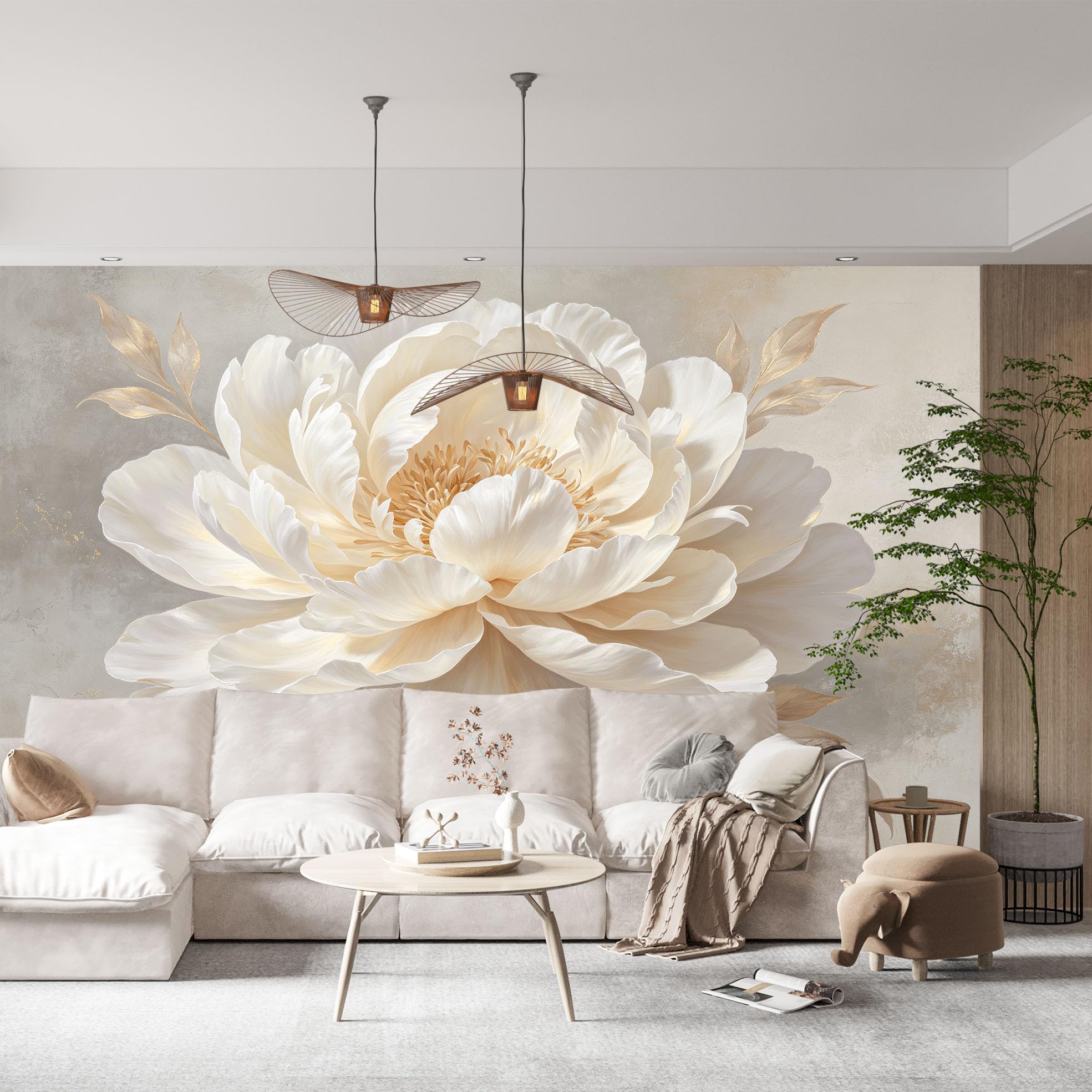 Ponadwymiarowy biały kwiat piwonii mural ścienny elegancki biały kwiat tapeta z włókniny nowoczesna luksusowa botaniczna kwiatowa fototapeta 250 x 175 cm kremowo-beżowa osłona ścienna do salonu