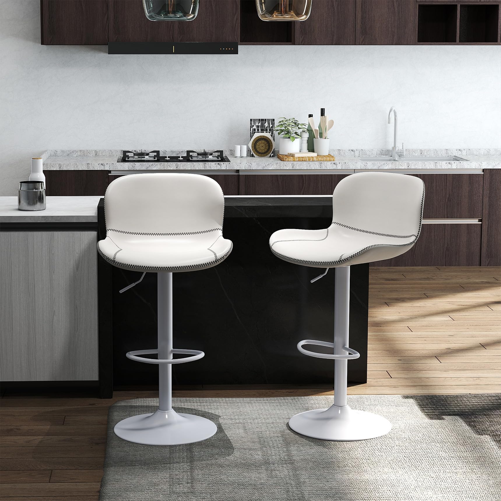Youhauchair Barhocker 2er Set, Barhocker Höhenverstellbar aus Kunstleder, wasserdicht und verschleißfest, Barhocker mit Lehne, Drehbarer bar Stool, modern, Weiß