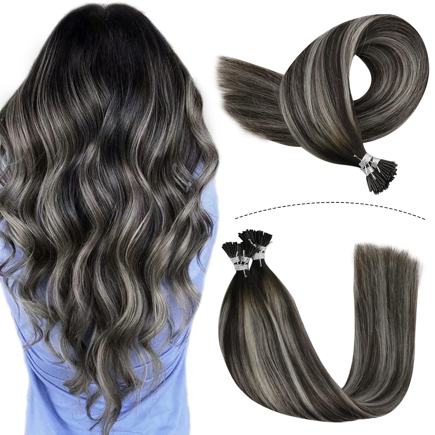 YoungSee I Tip Hair Extensions Human Hair Black Ombre Itip