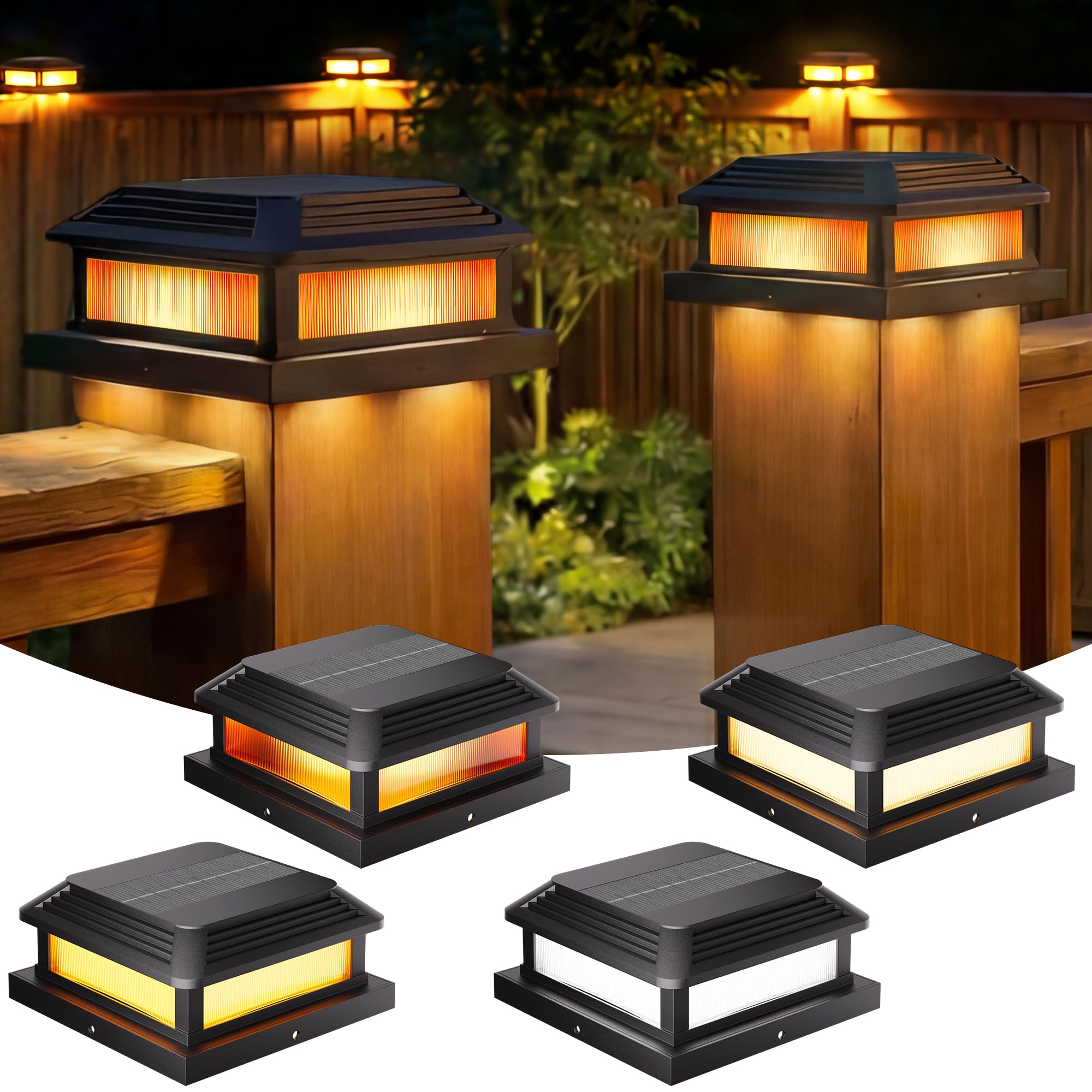 Quntis Zestaw 4 lamp solarnych na słupki ogrodzeniowe, lampy ogrodowe typu Flame z 5 trybami świecenia, lampy solarne na słupki o wymiarach – taras, patio, do ogrodu, podwórko, werandę i ścieżki