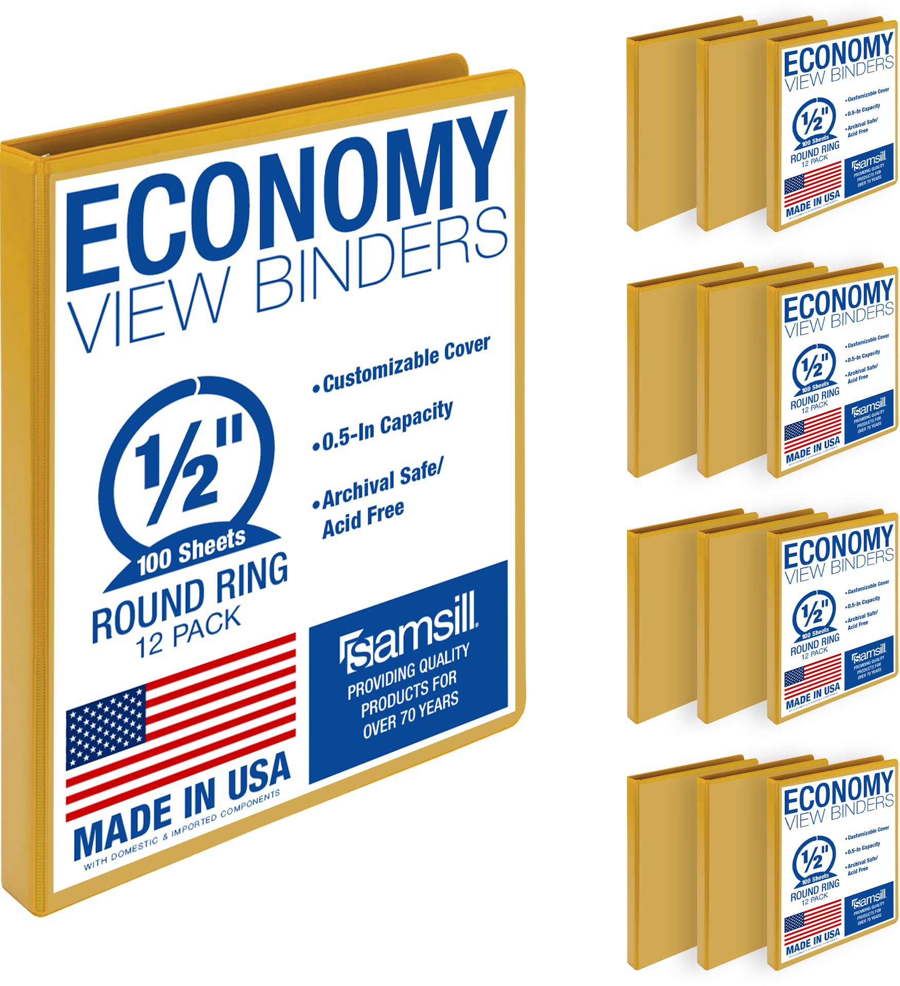 Samsill 0.5 Inch 3 Ring Binders, Economy Round Ring, Clear View Cover, 100 Sheet Capacity - for School, Home, Office - Yellow, 12 Pack