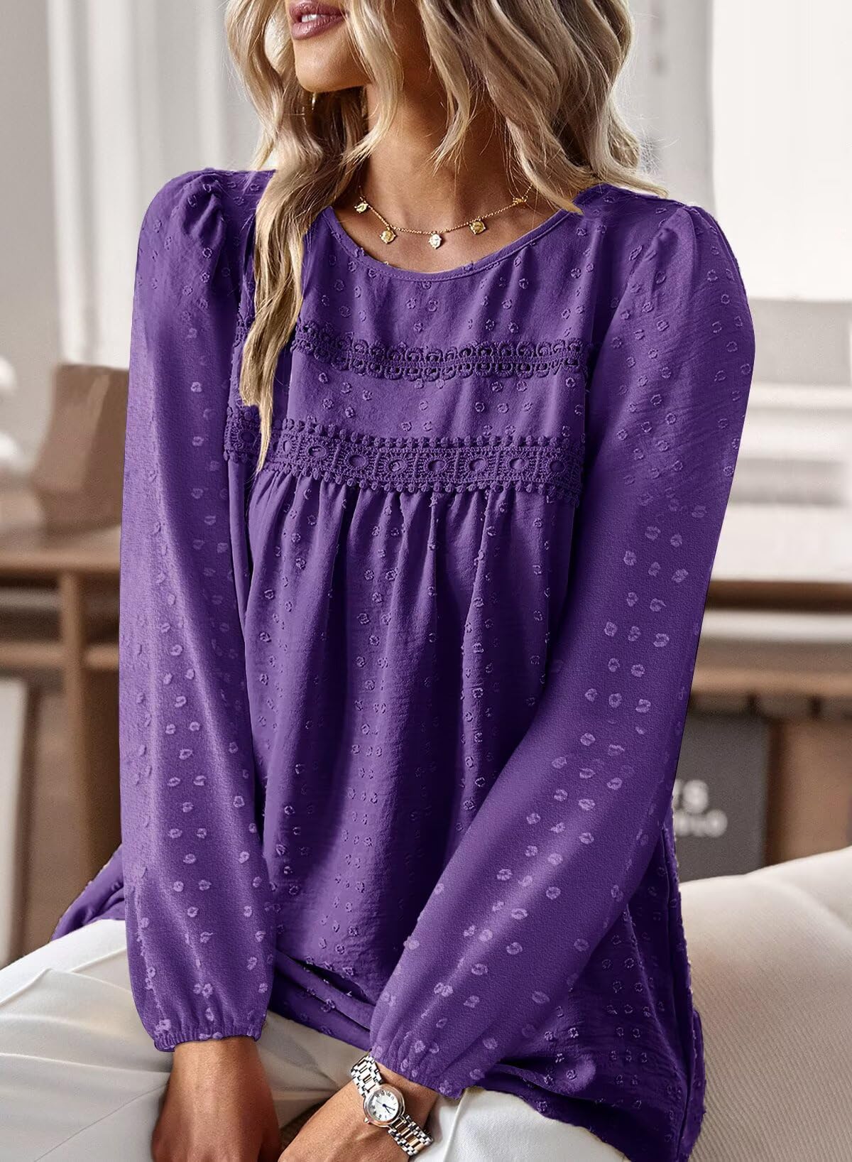 TUUHAW Camicia Donna Manica Lunga Autunno Boho Top con Scollo Rotondo Punto Svizzero Bluse Pizzo Elegante Maglietta Casual