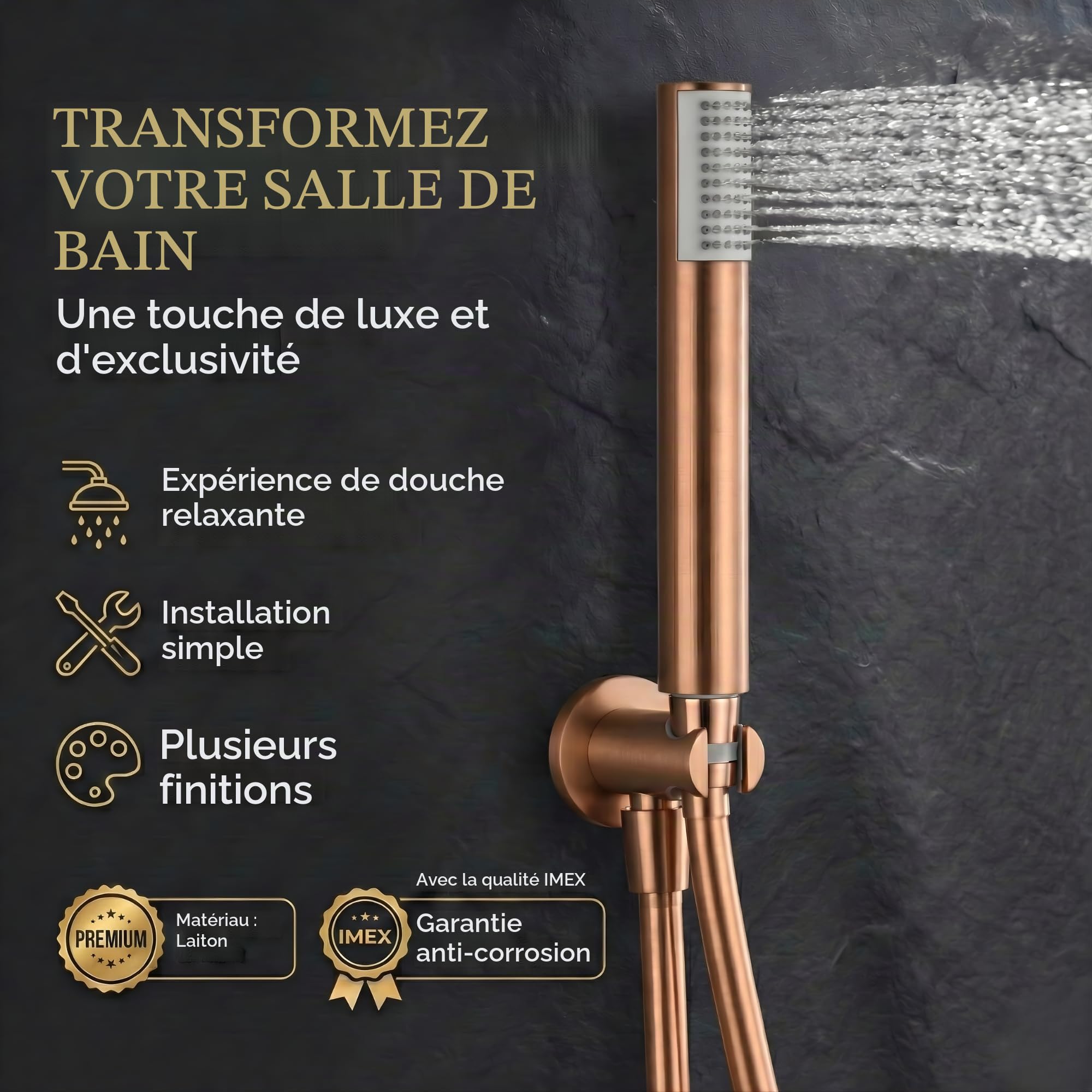 IMEX - Colonne de Douche Encastrée Salle de Bain | Colonne Douche Encastrable Laiton Or Rosse | Pommeau Douche Anti Calcaire en Acier Inoxydable S.304 | Série Monza