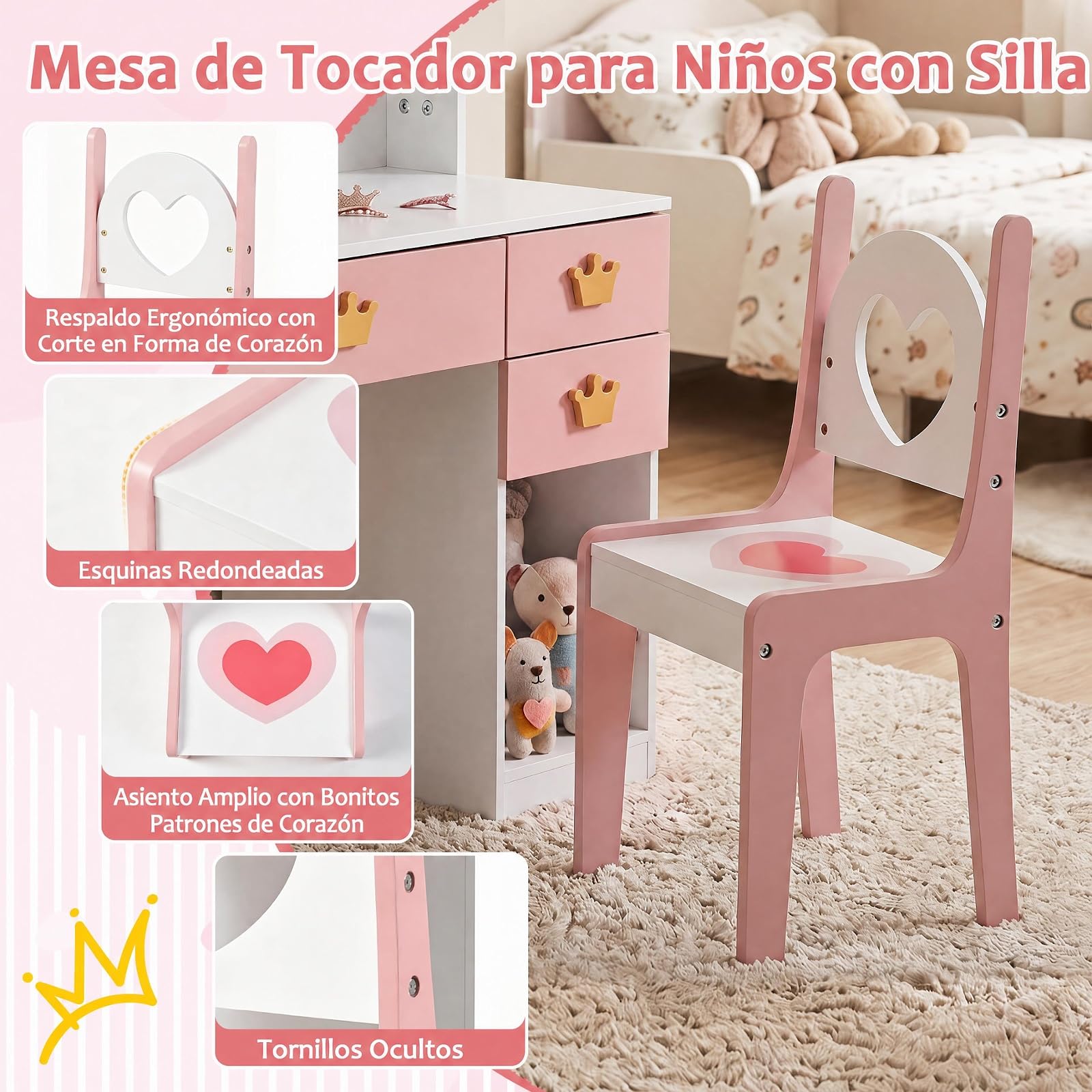COSTWAY Tocador Niña con Espejo Romboidal