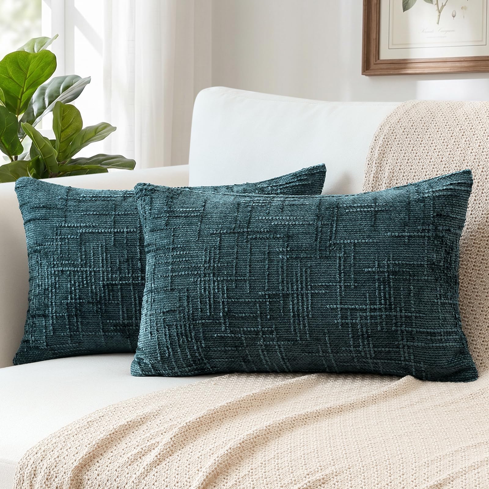 Sungeek Pack of 2 Chenille Textured Cushion Covers 30x50cm, Farmhouse Solid Dyed Throw Pillow Case Cover, Decorative Lumbar Cushion Case for Home Decor Couch Sofa Bed Living Room, Lake Blue — image 1