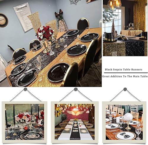 Miniatura 3 de Camino de mesa de lentejuelas negras, 1 paquete de 12 x 72 pulgadas, camino de mesa metálico con purpurina negro brillante para baby shower, boda,