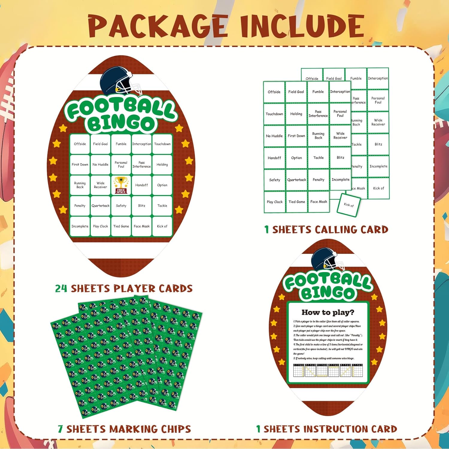 YQUQWN Football Bingo Game Cards Set Football Party Supplies 24 Players Includes Bingo Cards and Markers for Party Supplies Sports Events Activities - Image 3