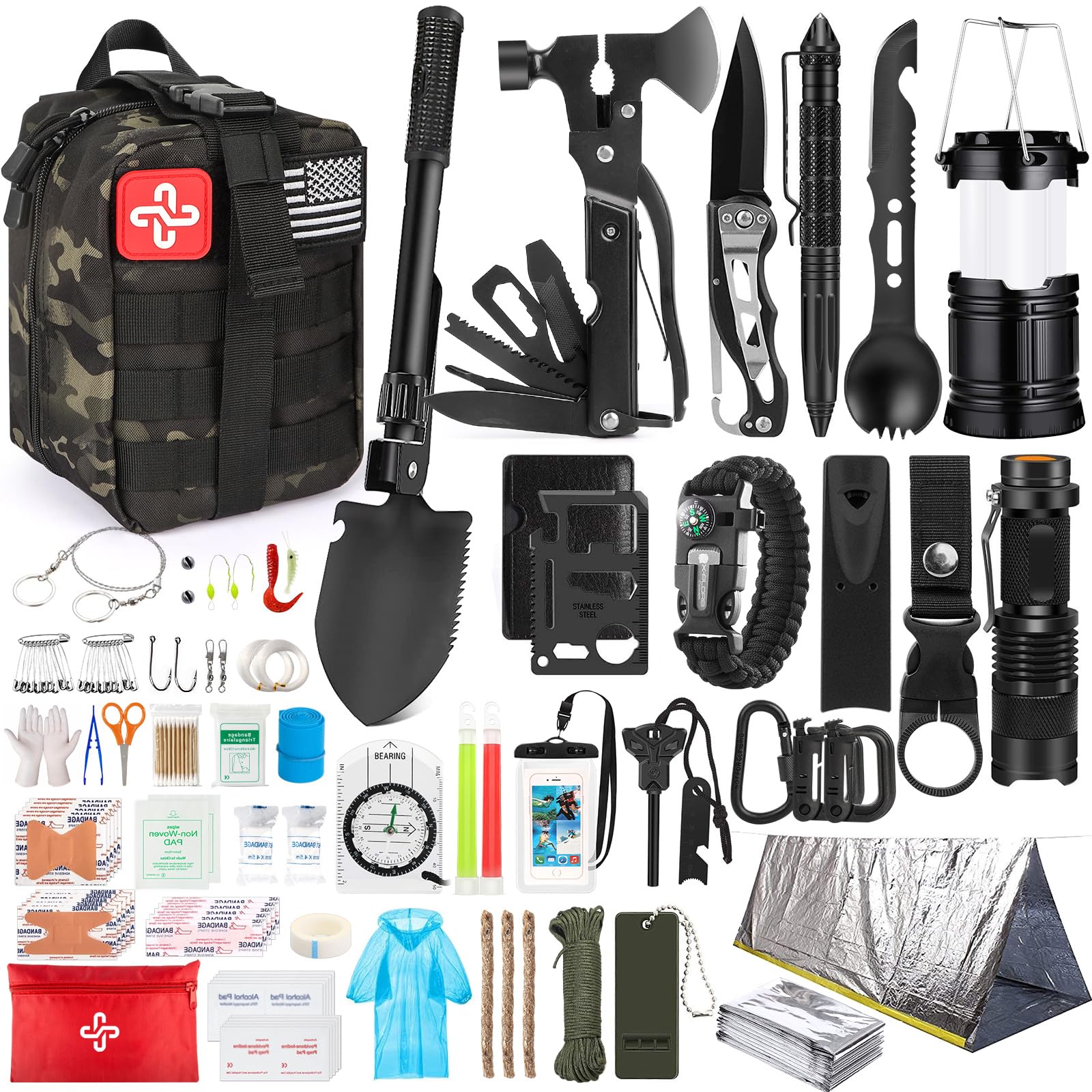 Survival Kit Survival Gear First Aid Kit with Molle System Compatible Bag and Emergency Tent for Earthquake Outdoor Adventure Hiking Hunting Unisex Gift 250pcs