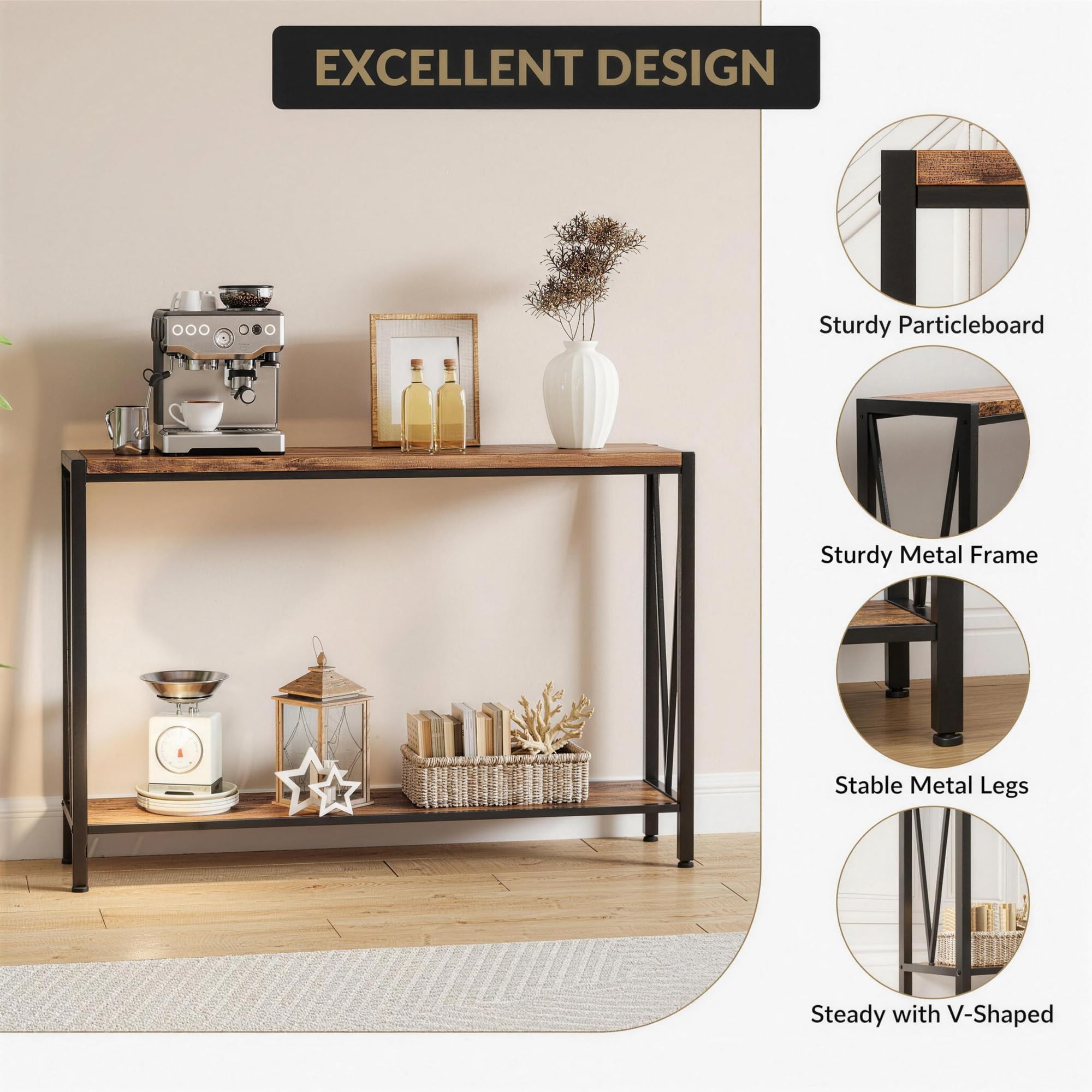Zstar Consola Estrecha De Dos Niveles, Elegante Mesa Auxiliar para Entrada, Pasillo y Sala De Estar, Mueble Premium Que Ahorra Espacio, Retro,110×25×76 cm