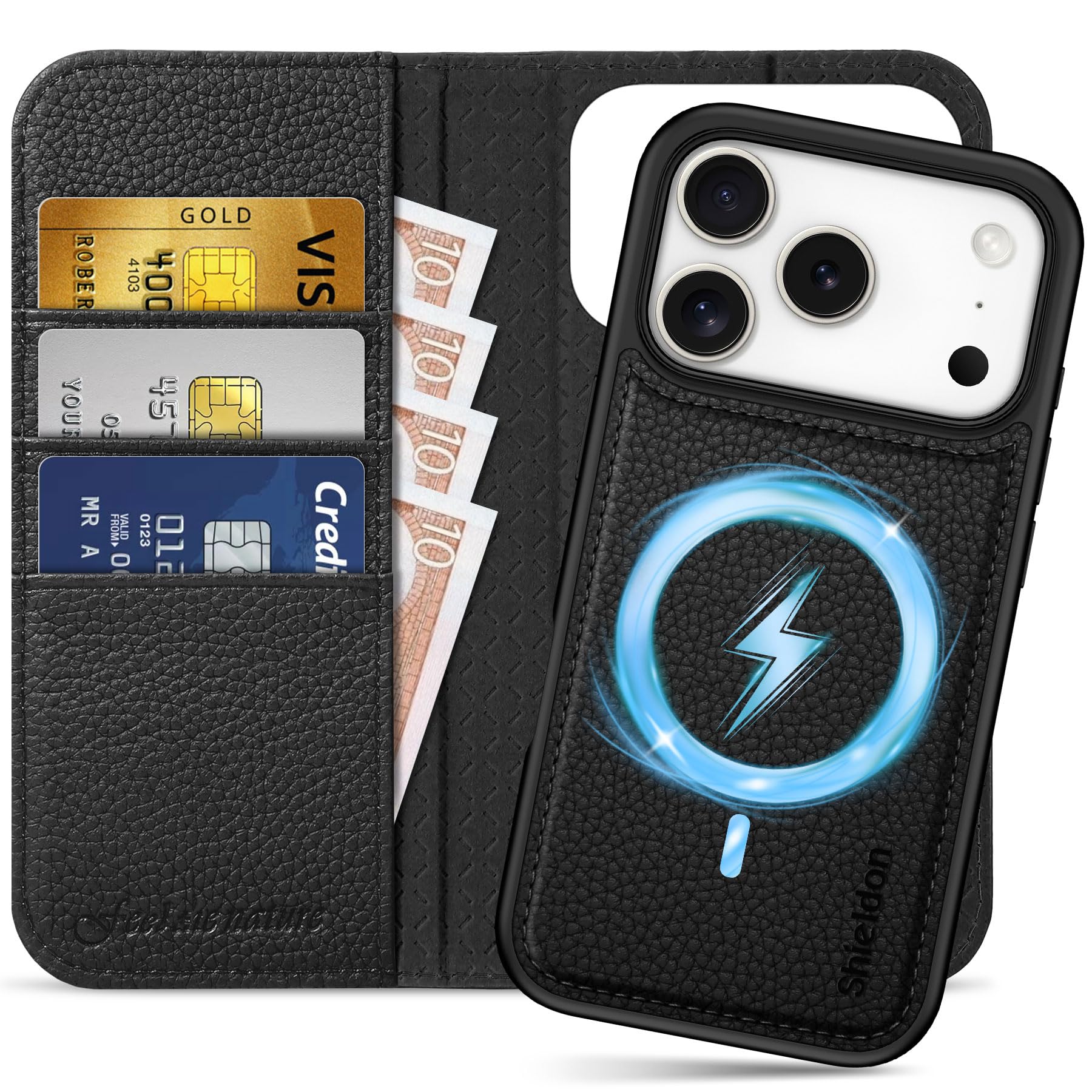 SHIELDON Funda Cuero Genuino para iPhone 17 Pro 6,3 Pulgadas 5G 2025, Funda 2 en 1 Estuche Magnético con Tarjetero [Bloqueo RFID][Función Stand] Capa, Litchi Grano Negro