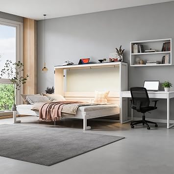 RuiSiSi Queen Horizontal Murphy Bed with LED Light, Farmhouse Foldable Wall Bed Cabinet for Guest Room Home Office, Can be Folded into Cabinet, White+Brown