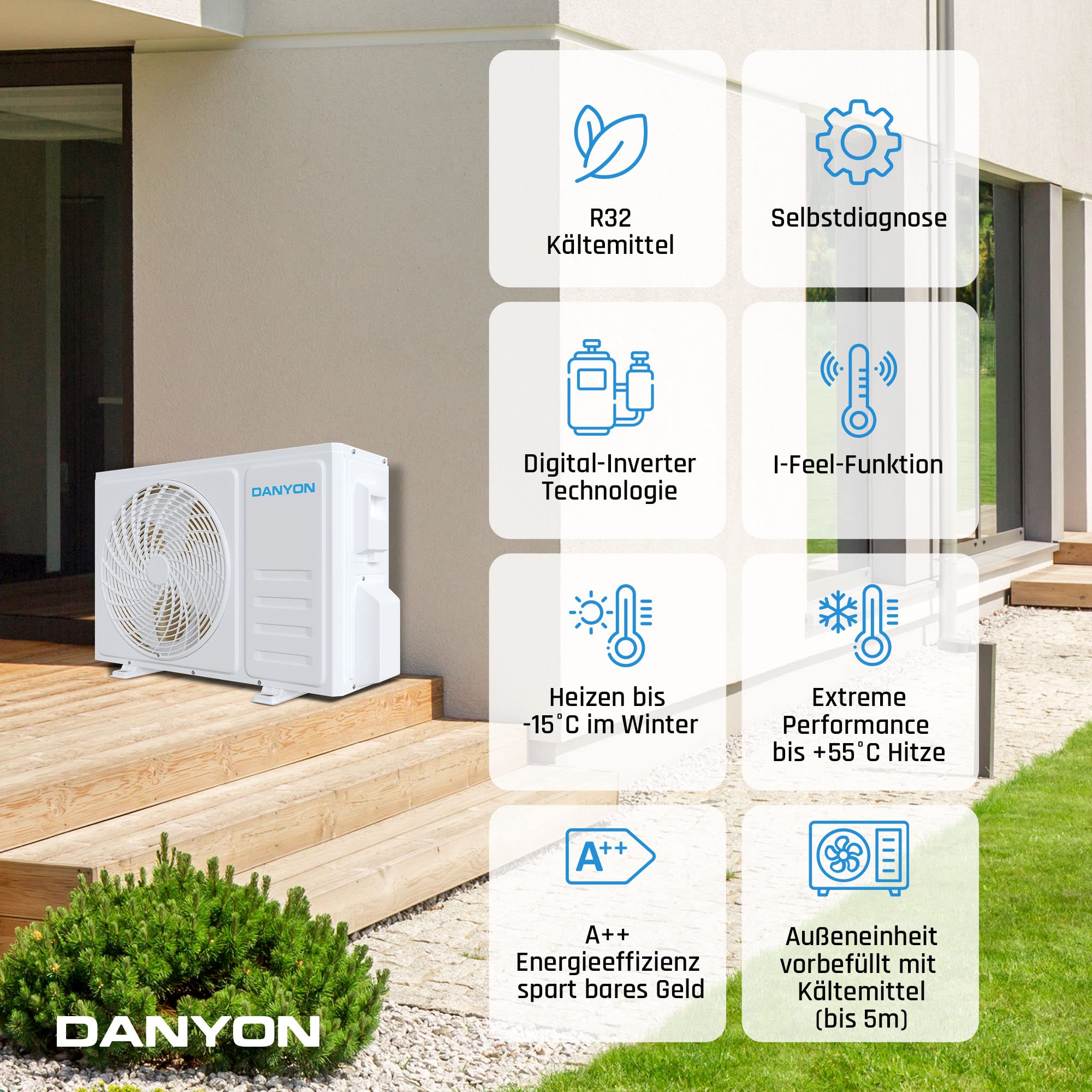 Danyon Multisplit Klimaanlage 2 Innengeräte - 18000 BTU - 5,2 kW, sehr leise & energiesparend, Smart Home, Inverter Klimagerät mit Heizfunktion, WiFi und App, Splitgerät vorgefüllt