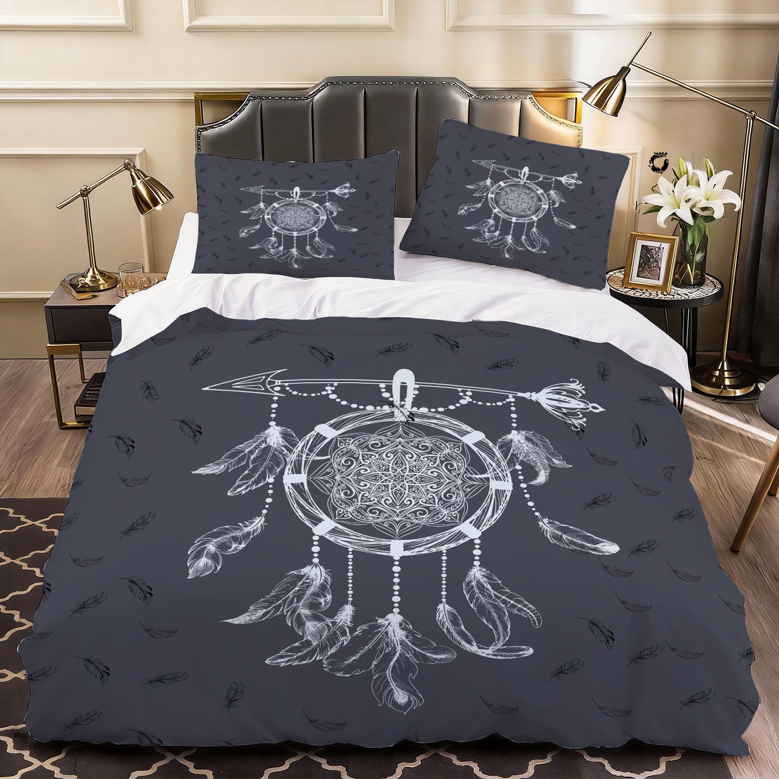3D Feather Feather Duvet Cover Simple Bedding Super King Bed Set, Soft Microfiber Comforter Cover Printed with Zipper Closure Quilt Coverr 260x220 cm and 2 Pillowcases