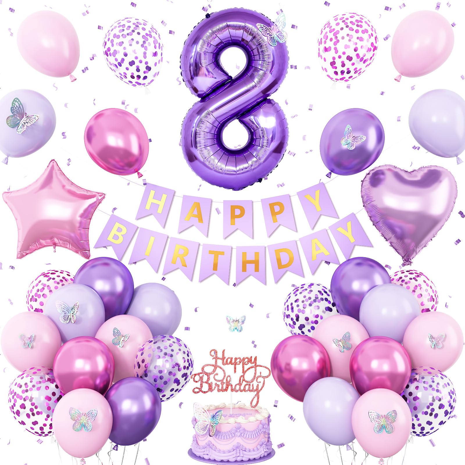 8th Birthday Decorations for Girl,Pink Purple 8th Butterfly Decoration Birthday Balloons Pink Purple Banner Number 8 Balloons Cake Topper Butterfly