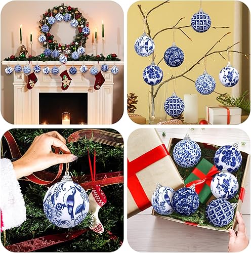 Miniatura 6 de Preboun 12 adornos de bola de chinoiserie azules y blancos para colgar en el árbol de Navidad, adornos navideños envueltos en tela china para