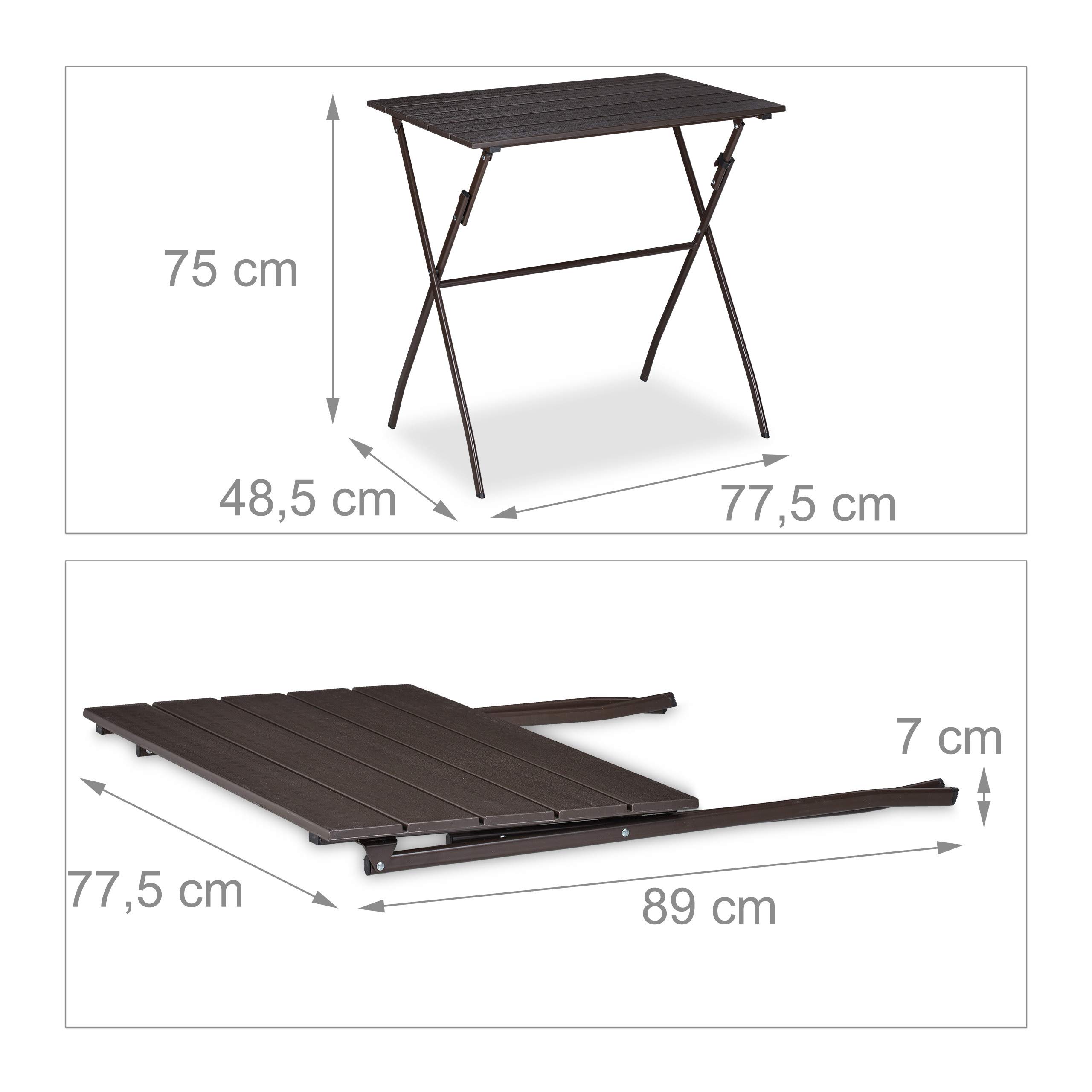 Relaxdays Tavolo Pieghevole da Giardino, Aspetto Legno, Tavolo Rettangolare Balcone, Plastica, 75x77,5x48,5 cm, Marrone