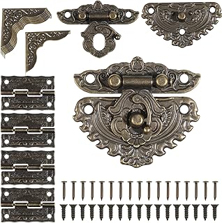 Antique Engraved Latch Hasp Jewelry Box Hinges and Corner Protectors Hardware Kit with Mounting Screws for Decorative Cabinet Small Wooden Box