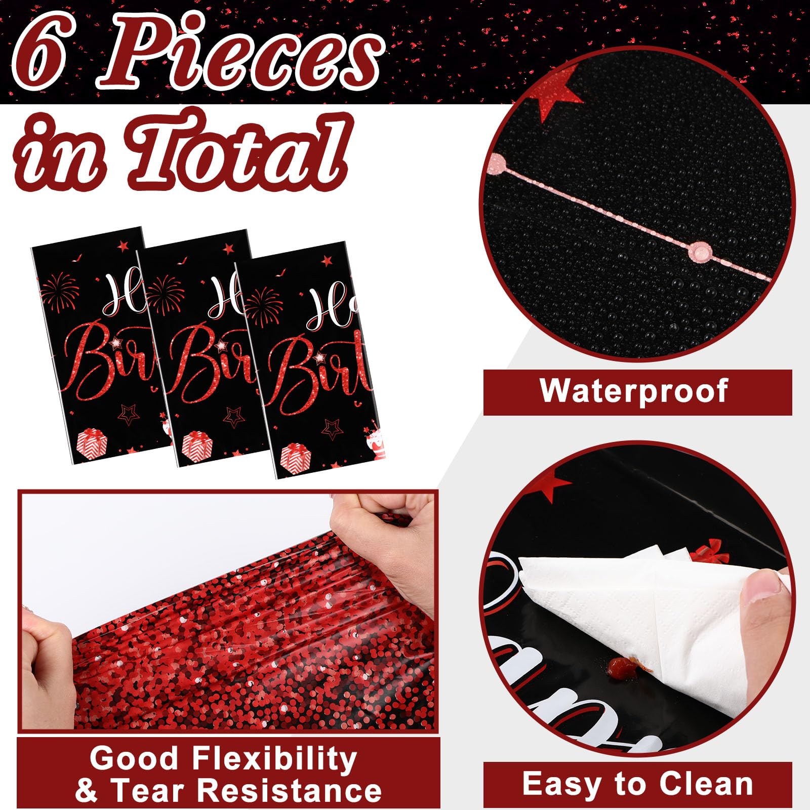 Tudomro 6 manteles de Feliz cumpleaños, decoración de Feliz cumpleaños, Mantel Rectangular de plástico para Mujeres y Hombres, Suministros de Fiesta de cumpleaños, 108 x 54 Pulgadas (Negro Rojo)