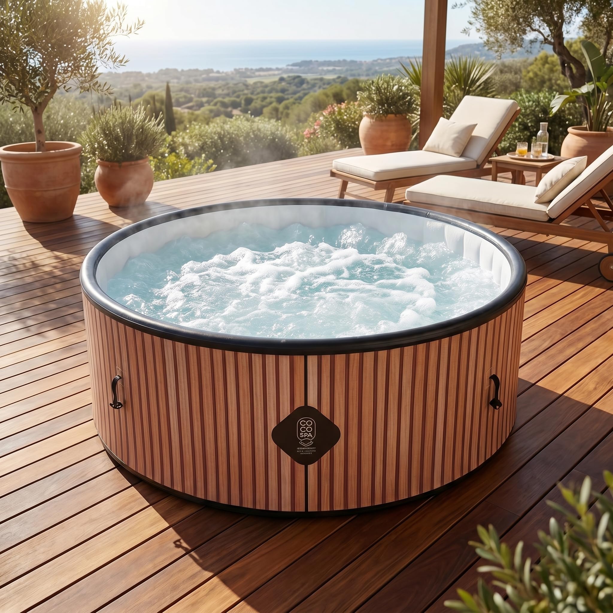 COCO SPA Rio Spa Inflable | 180 cm de diámetro | 1100 litros | Motor 2240 W | Hasta 6 personas | Masaje 140 chorros | Imitación madera natural